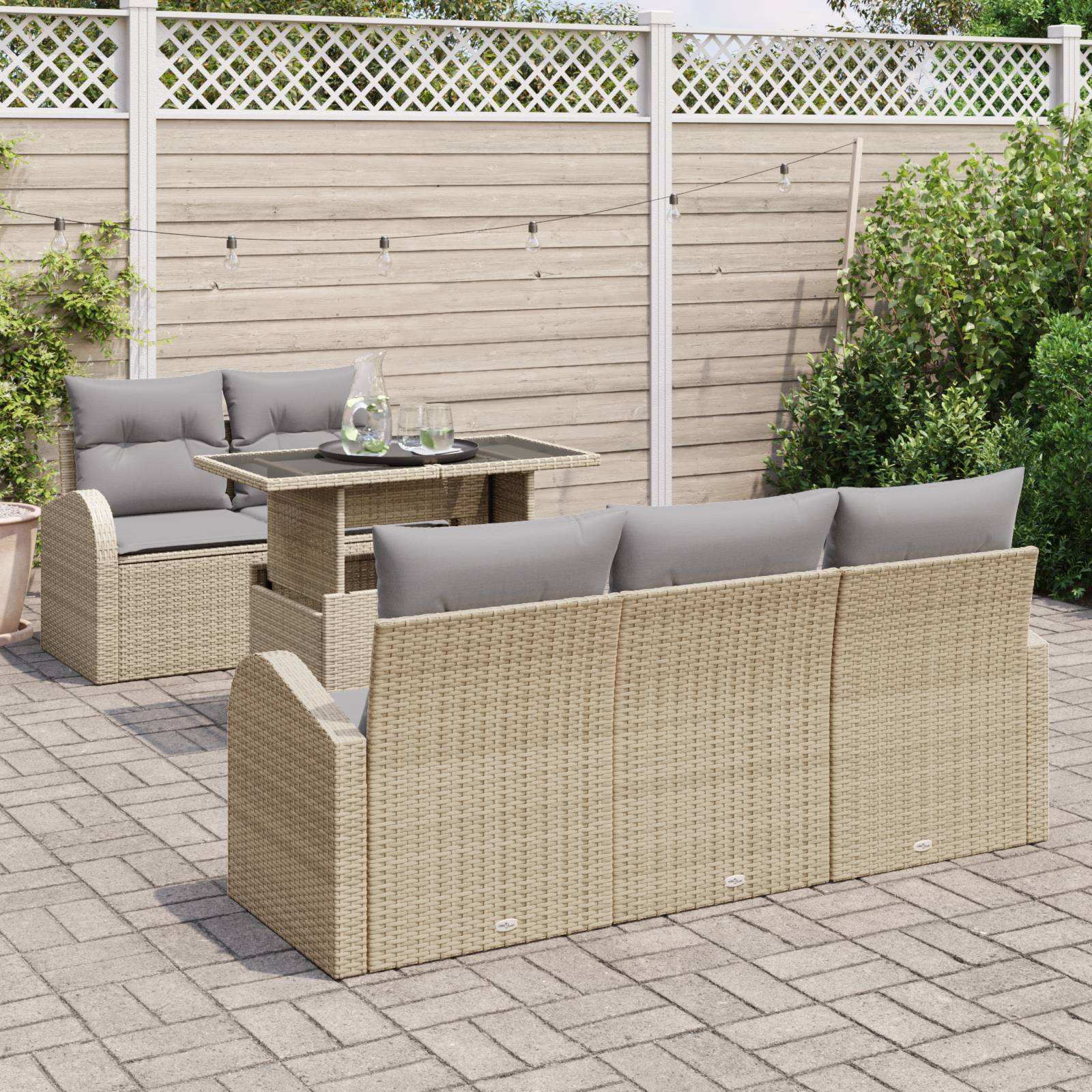 vidaXL 6-tlg. Garten-Sofagarnitur mit Kissen Beige Poly Rattan