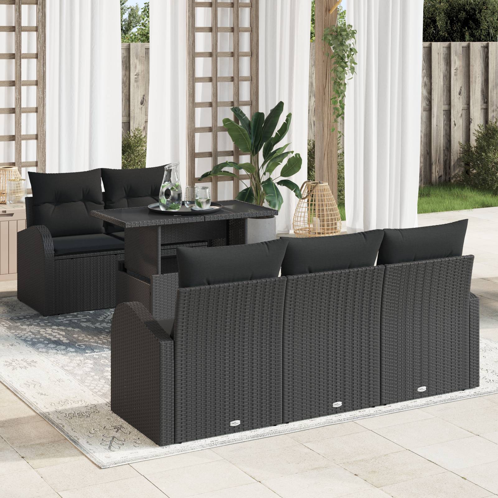 vidaXL 6-tlg. Garten-Sofagarnitur mit Kissen Schwarz Poly Rattan