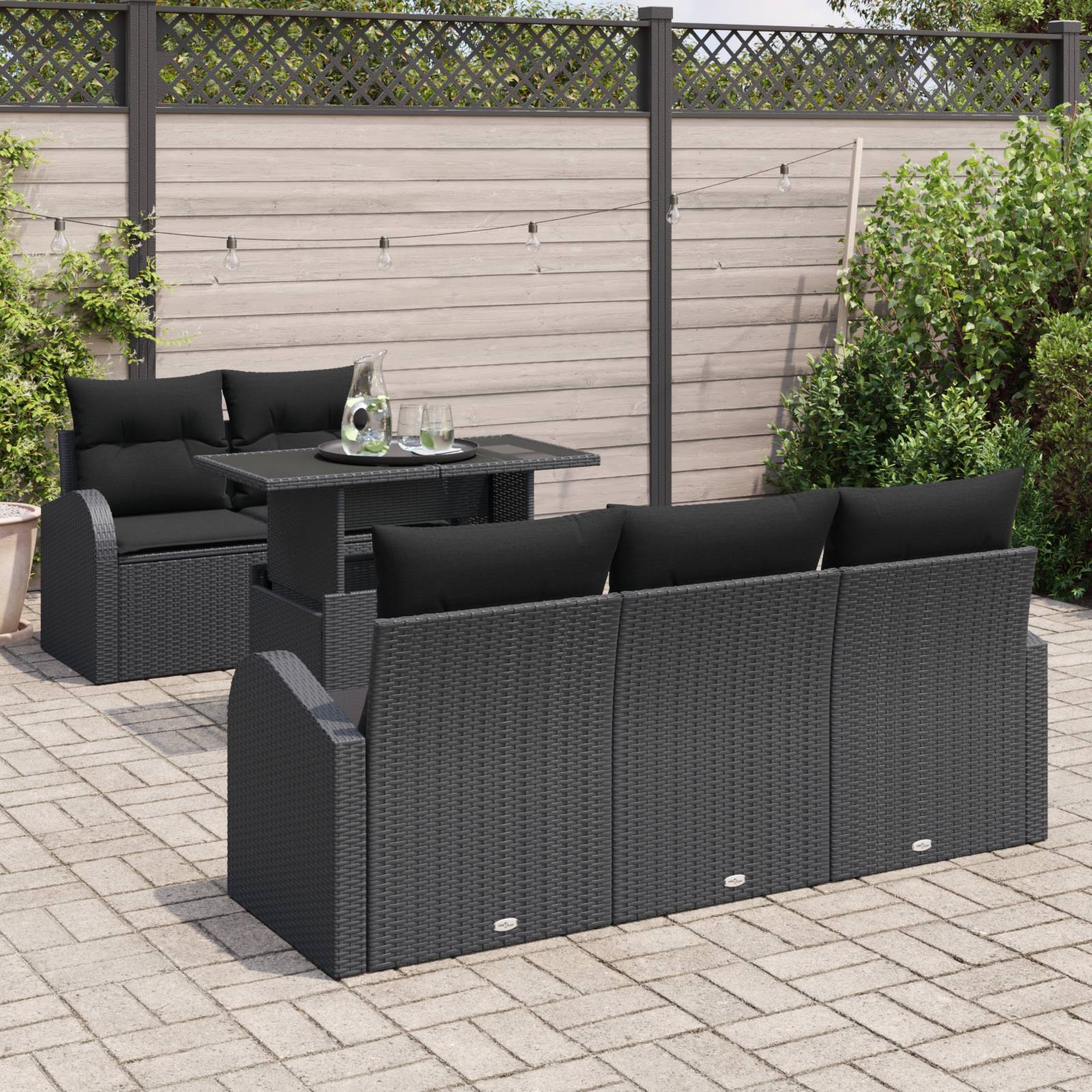 vidaXL 6-tlg. Garten-Sofagarnitur mit Kissen Schwarz Poly Rattan