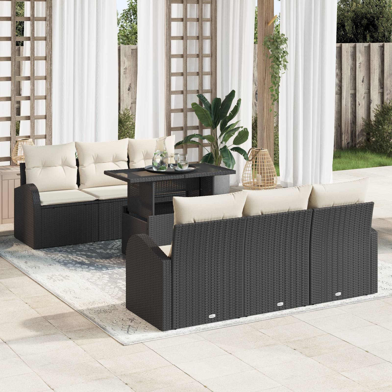 vidaXL 7-tlg. Garten-Sofagarnitur mit Kissen Schwarz Poly Rattan