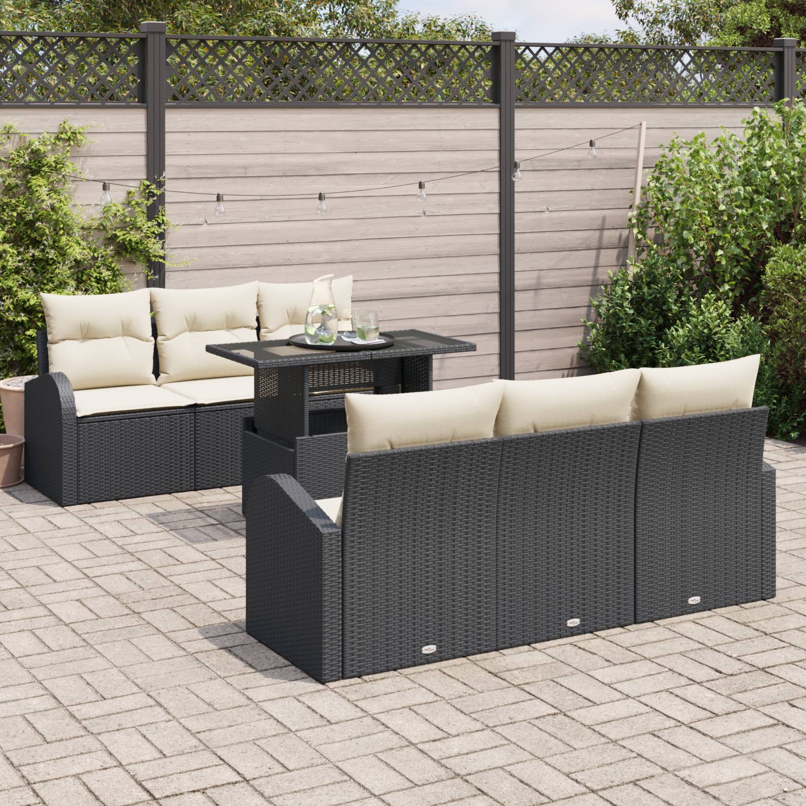 vidaXL 7-tlg. Garten-Sofagarnitur mit Kissen Schwarz Poly Rattan