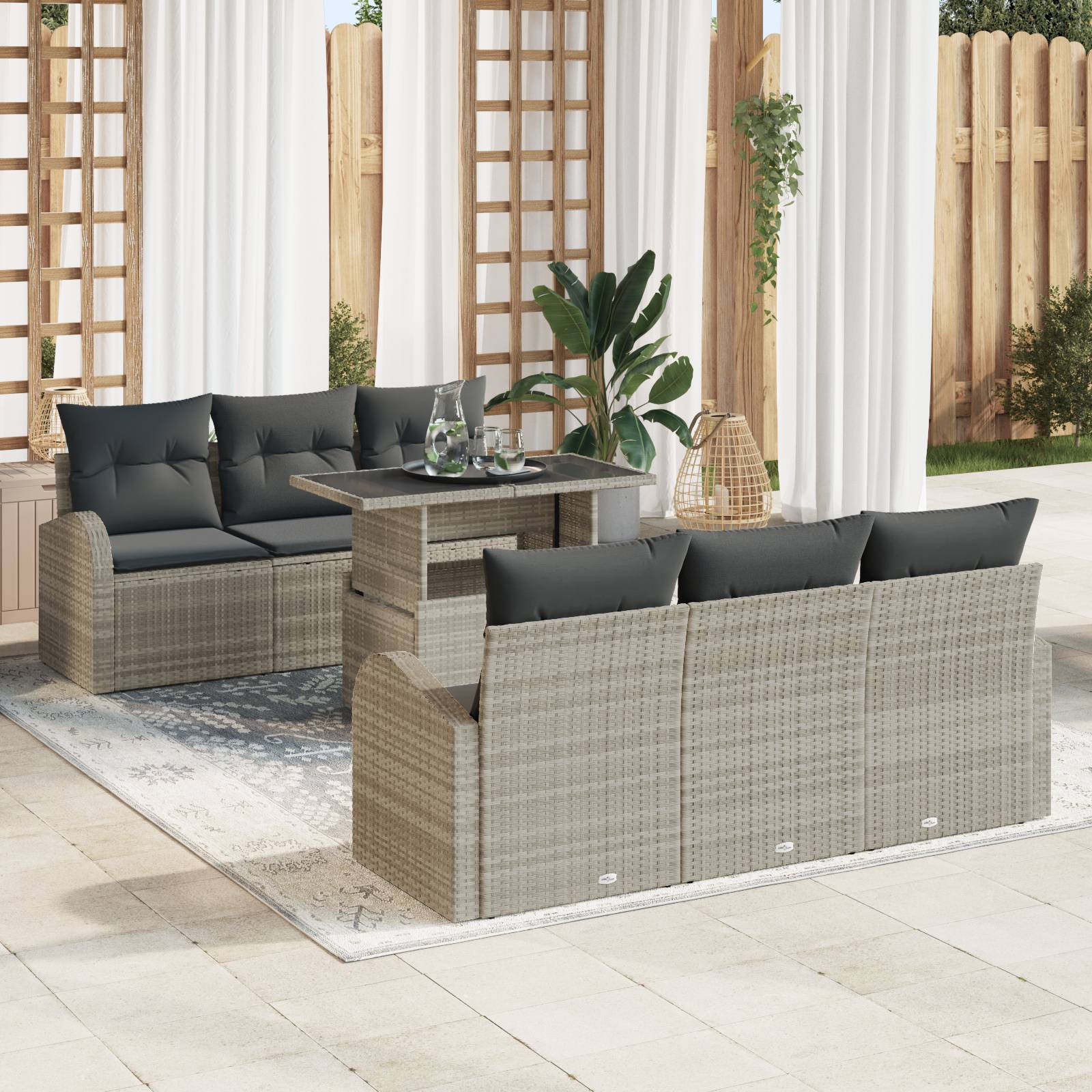 vidaXL 7-teiliges Garten-Sofa-Set mit Kissen – Helles Grau Poly-Rattan