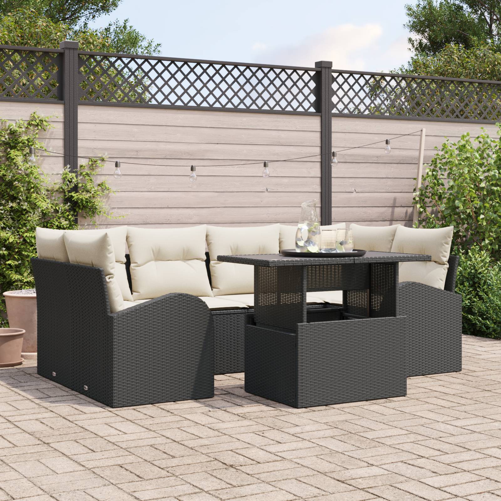 vidaXL 7-tlg. Garten-Sofagarnitur mit Kissen Schwarz Poly Rattan