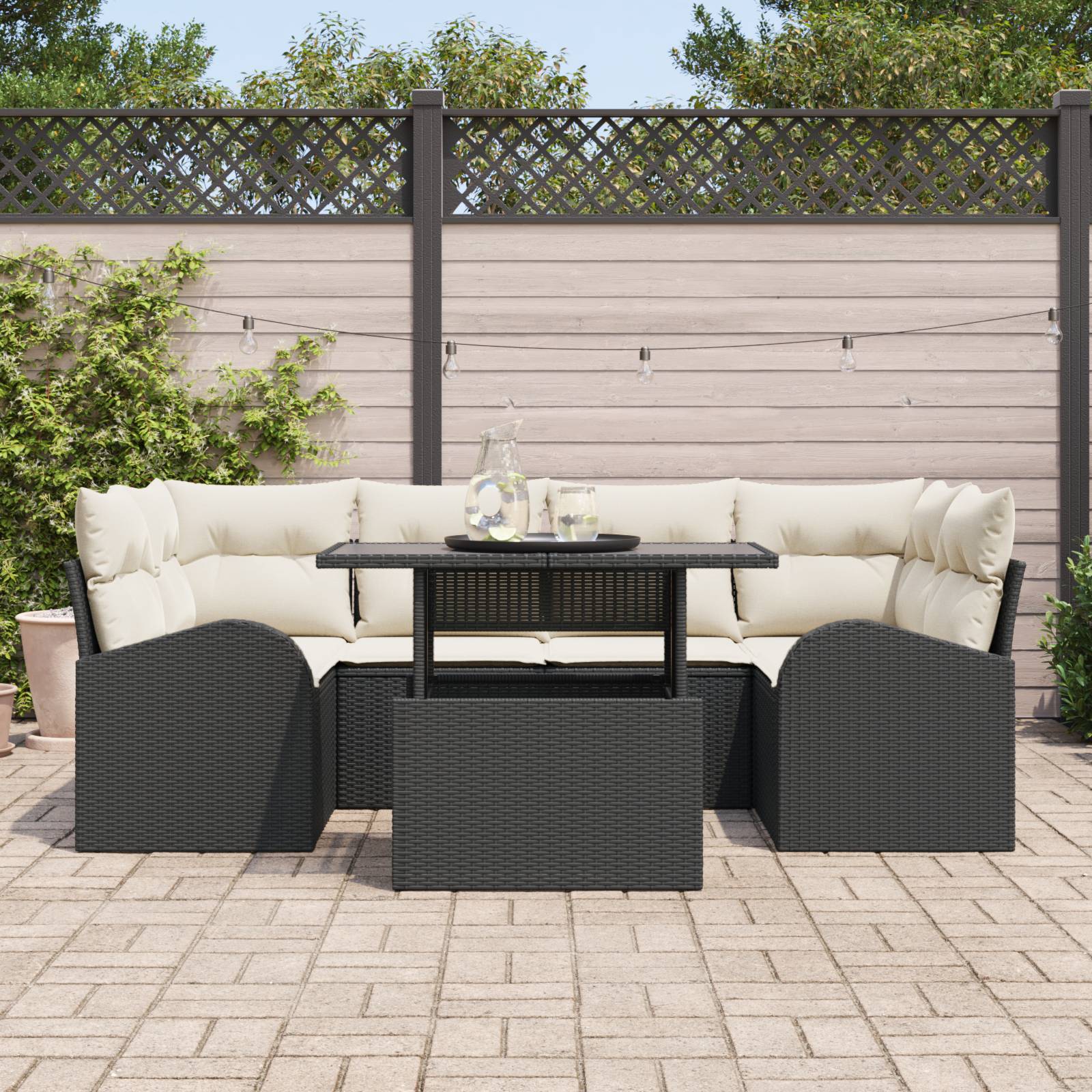 vidaXL 7-tlg. Garten-Sofagarnitur mit Kissen Schwarz Poly Rattan