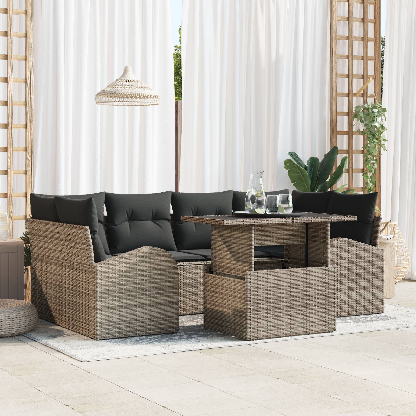 vidaXL 7-tlg. Garten-Sofagarnitur mit Kissen Grau Poly Rattan