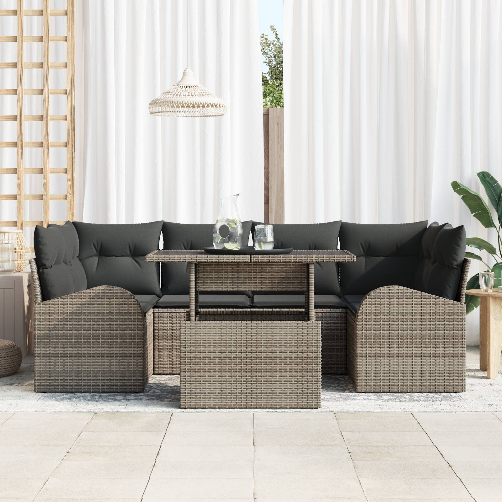 vidaXL 7-tlg. Garten-Sofagarnitur mit Kissen Grau Poly Rattan