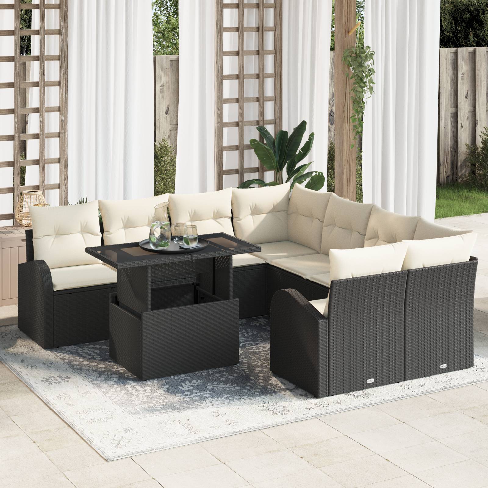 vidaXL 9-teiliges Garten Sofa Set mit Kissen Schwarz Poly Rattan