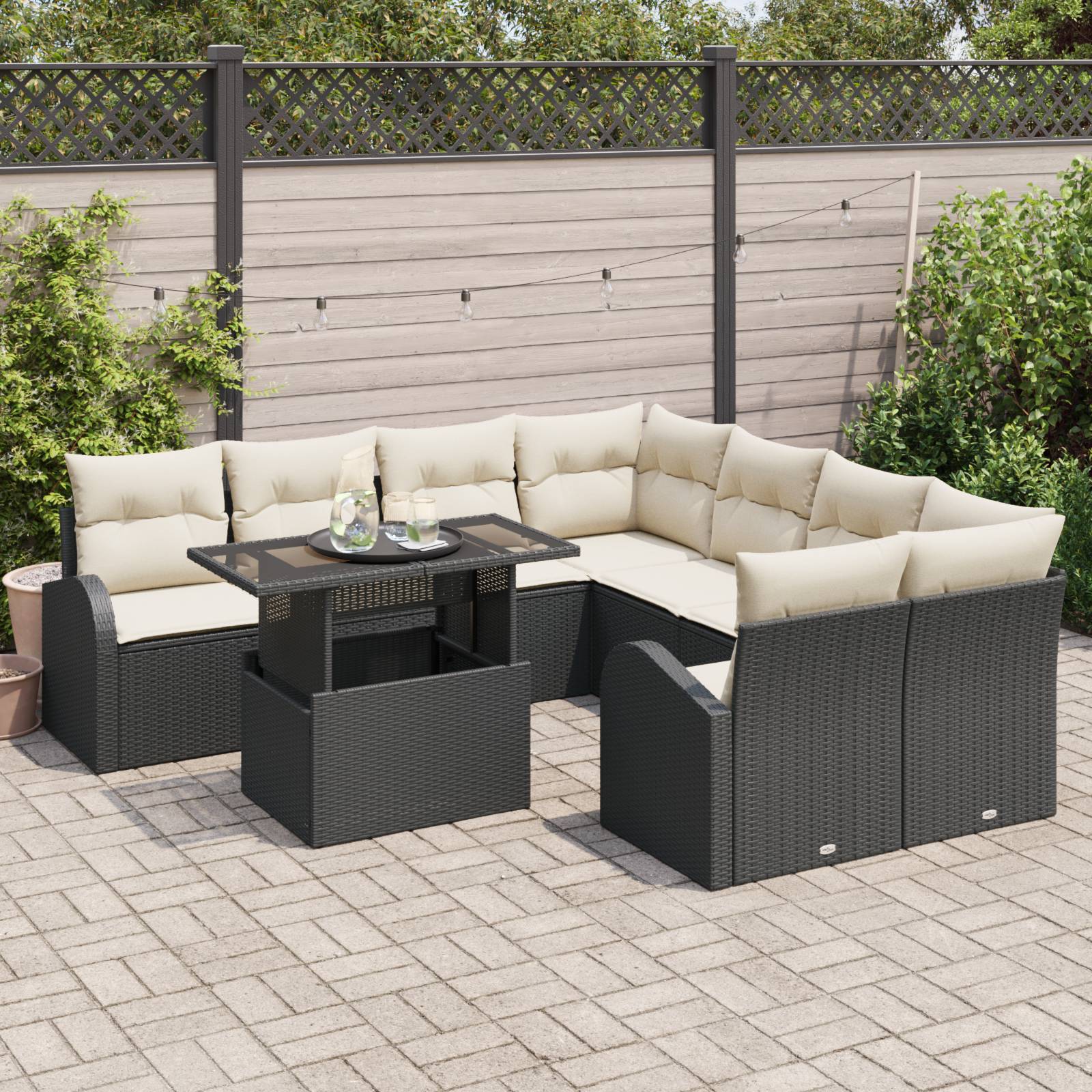 vidaXL 9-teiliges Garten Sofa Set mit Kissen Schwarz Poly Rattan