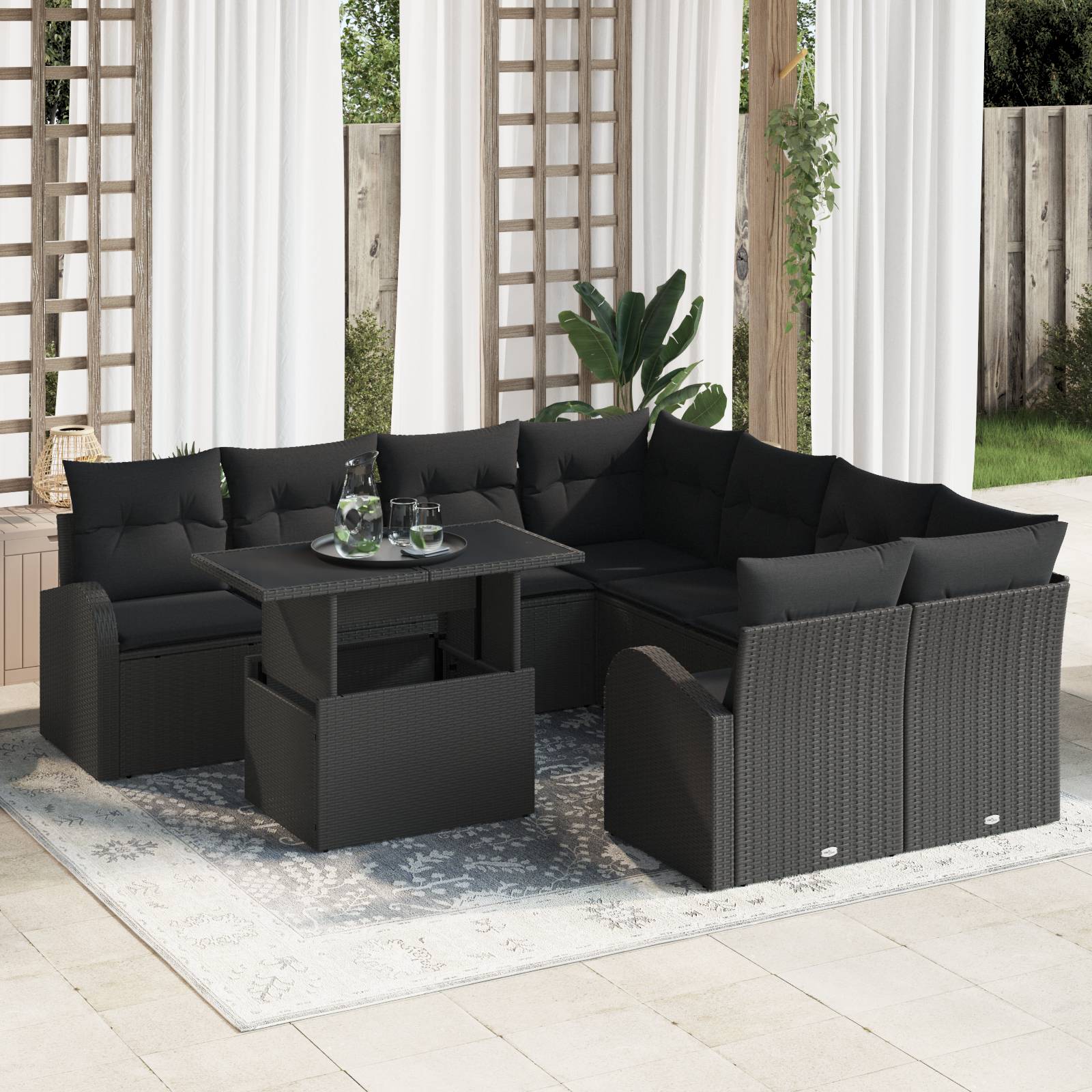 vidaXL 9-tlg. Garten-Sofagarnitur mit Kissen Schwarz Poly Rattan