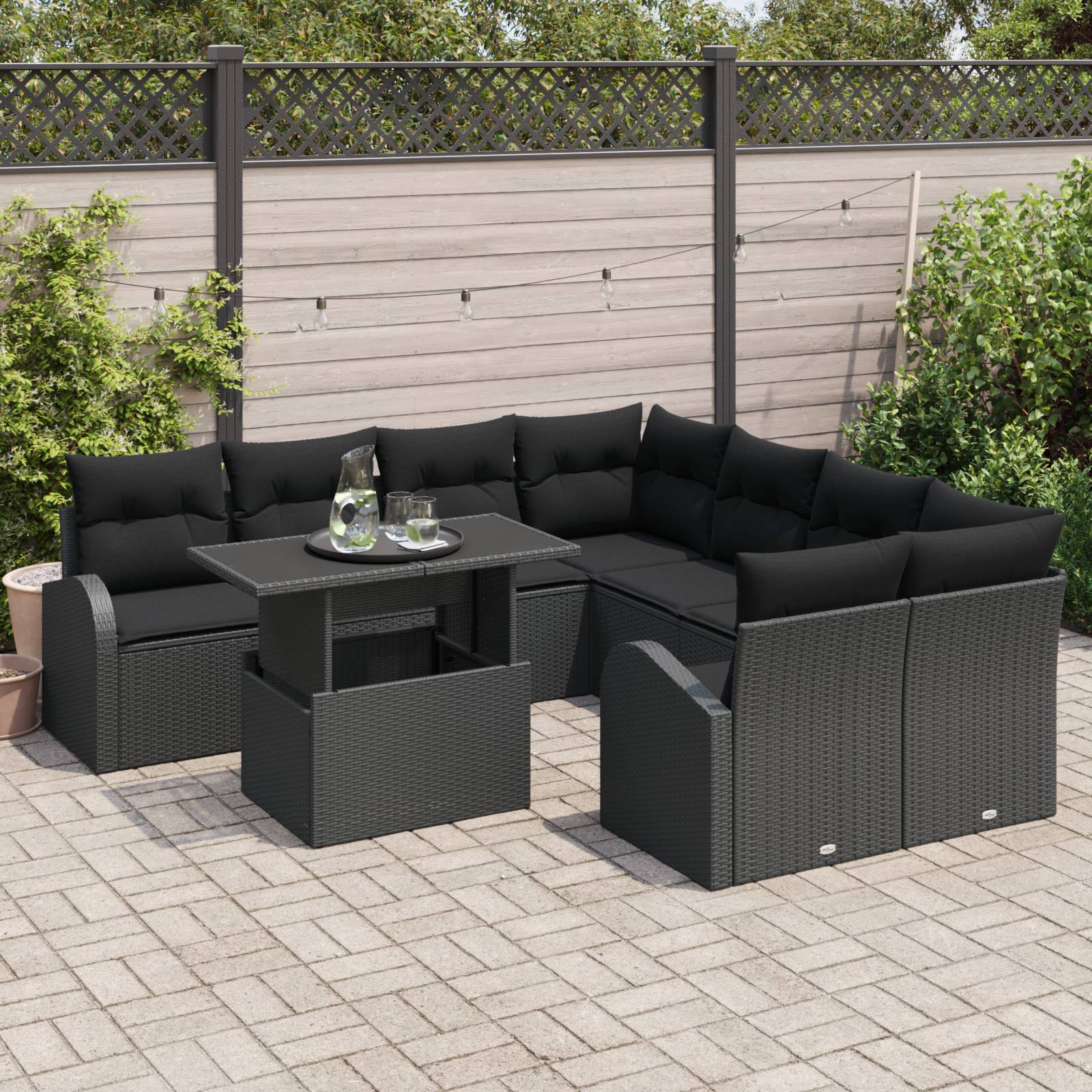 vidaXL 9-tlg. Garten-Sofagarnitur mit Kissen Schwarz Poly Rattan