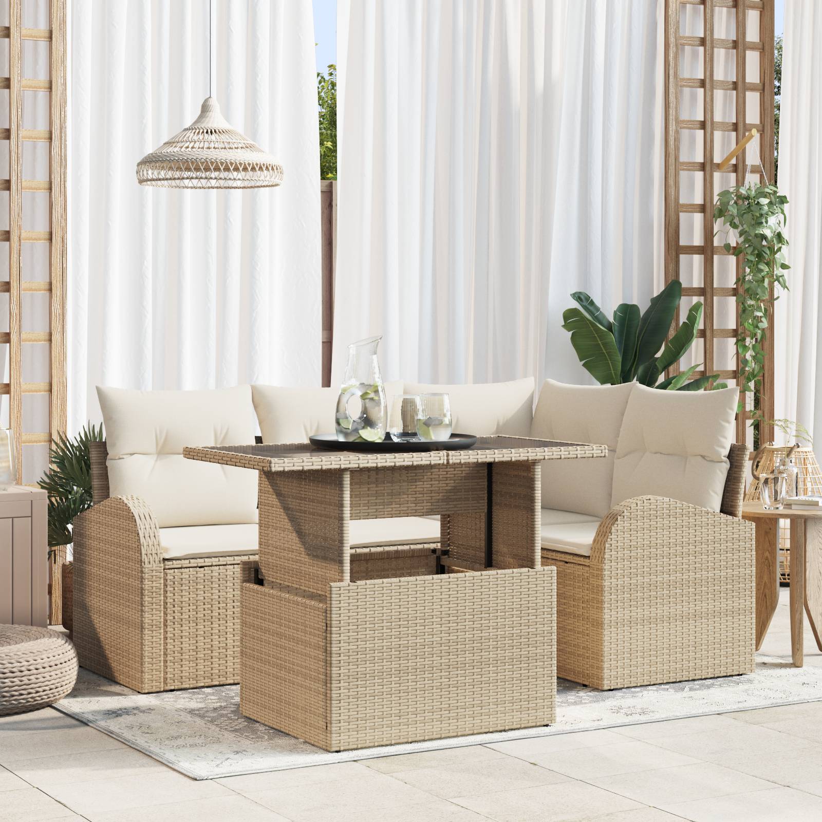 vidaXL 5-teiliges Garten-Sofa-Set mit Kissen in Beige, Poly Rattan