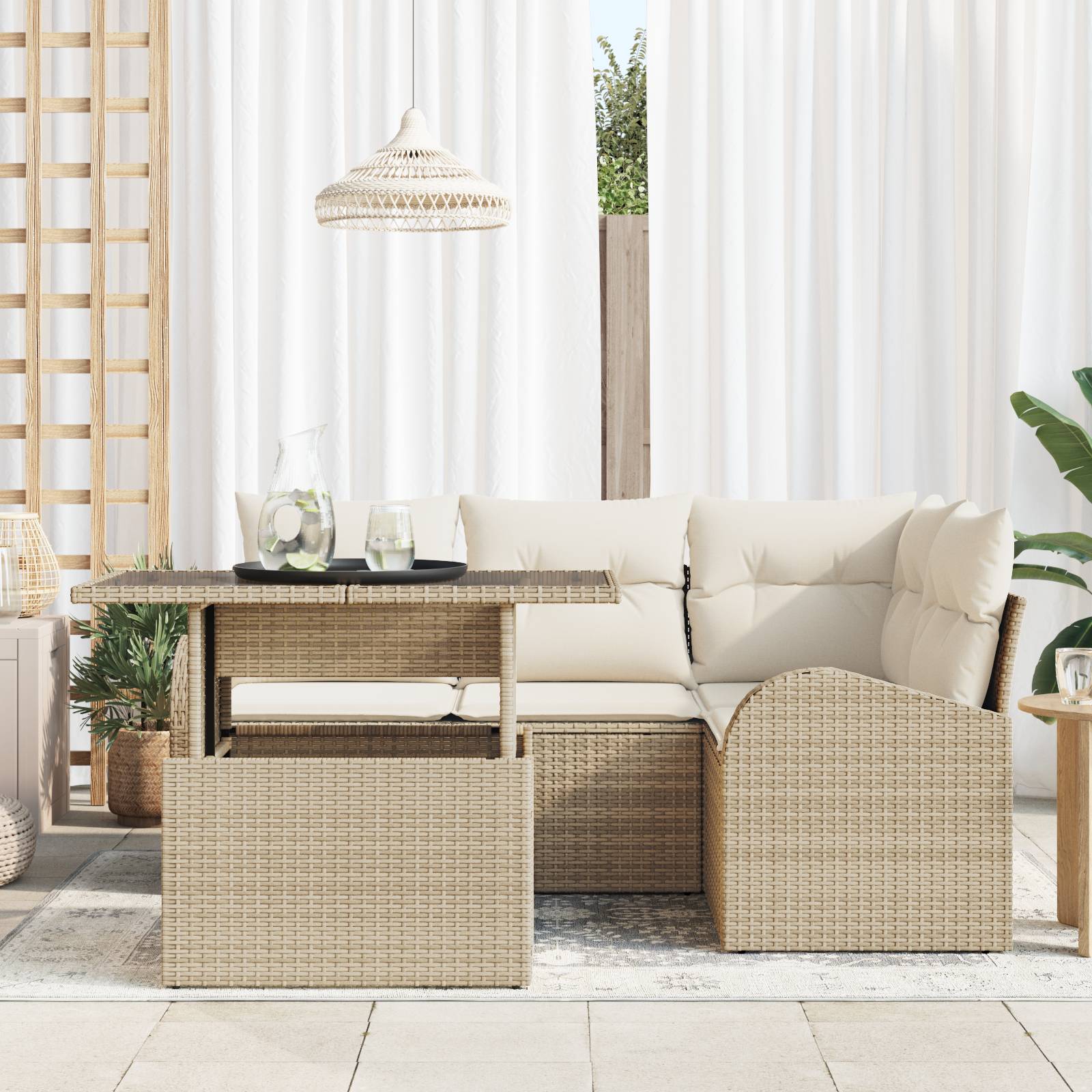 vidaXL 5-teiliges Garten-Sofa-Set mit Kissen in Beige, Poly Rattan