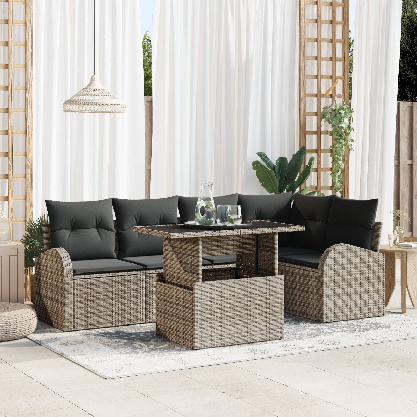 vidaXL 6-teiliges Gartensofa Set mit Kissen Grau Poly Rattan
