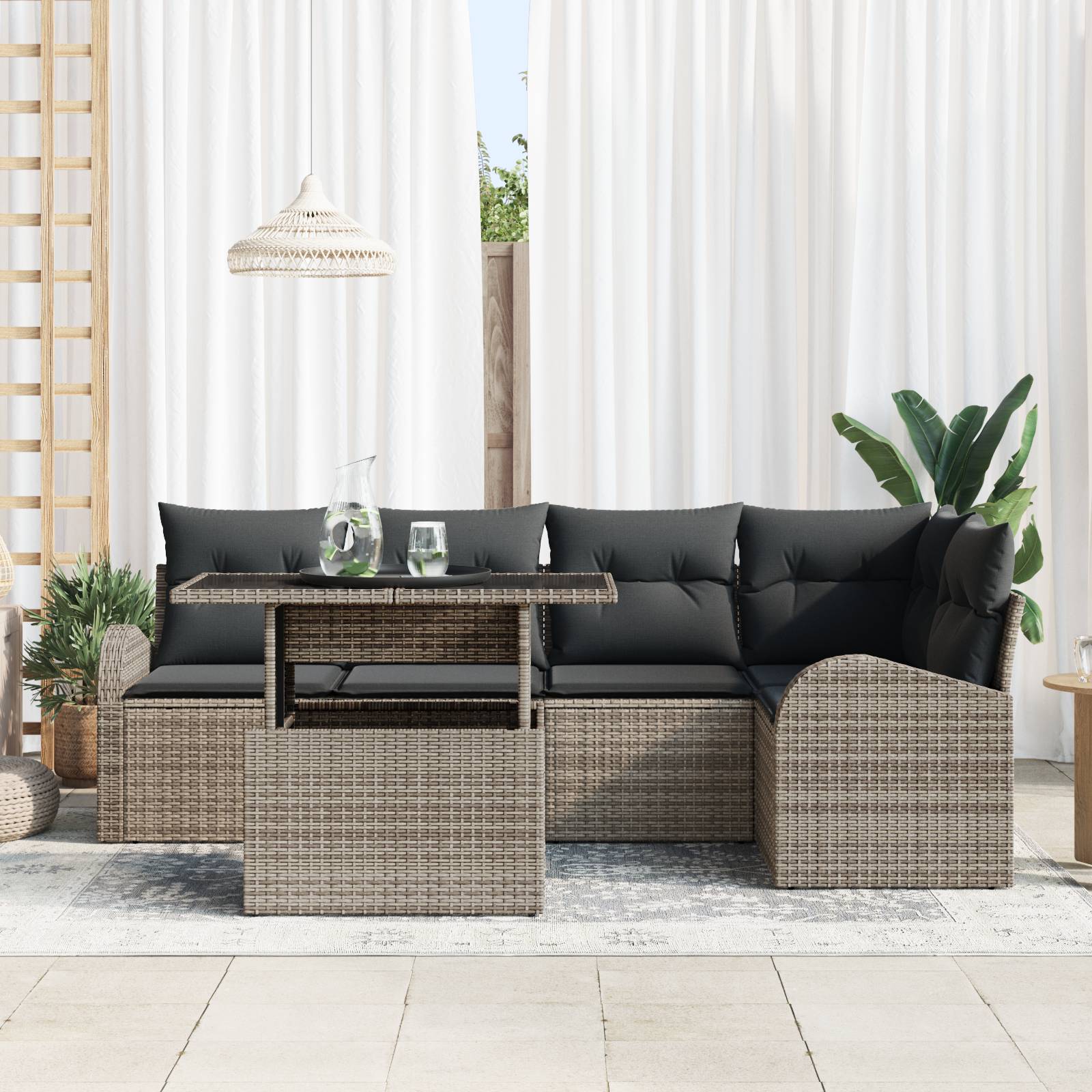 vidaXL 6-teiliges Gartensofa Set mit Kissen Grau Poly Rattan