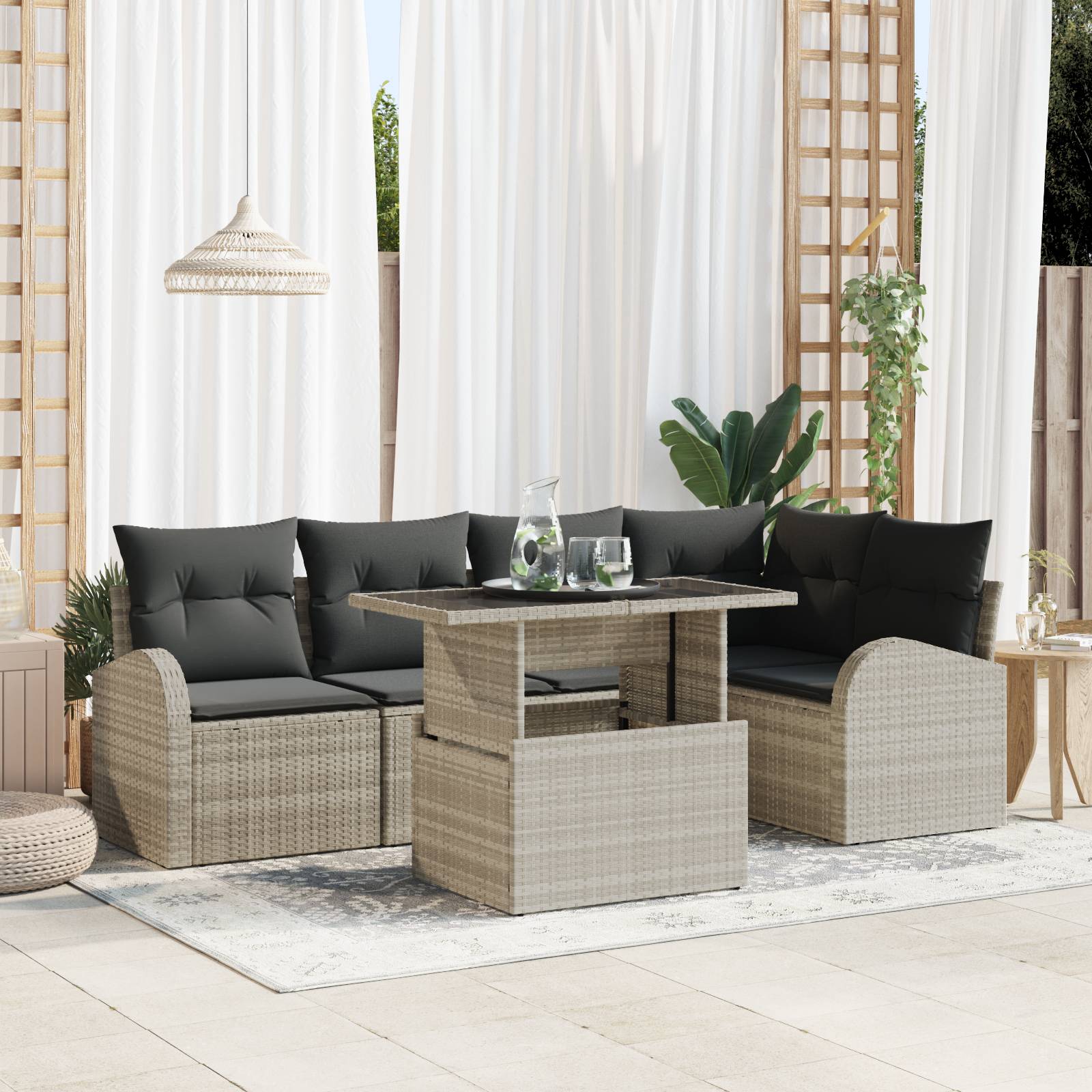 vidaXL 6-teiliges Garten-Sofa-Set mit Kissen, Hellgrau, Poly-Rattan