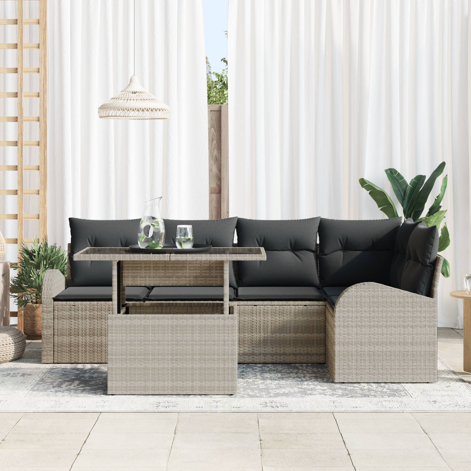 vidaXL 6-teiliges Garten-Sofa-Set mit Kissen, Hellgrau, Poly-Rattan