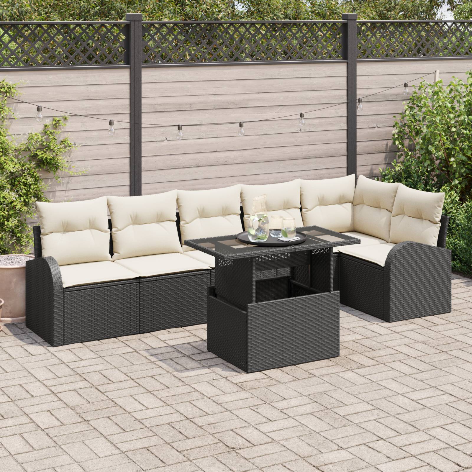 vidaXL 7-teiliges Garten Sofa Set mit Kissen Schwarz Poly Rattan