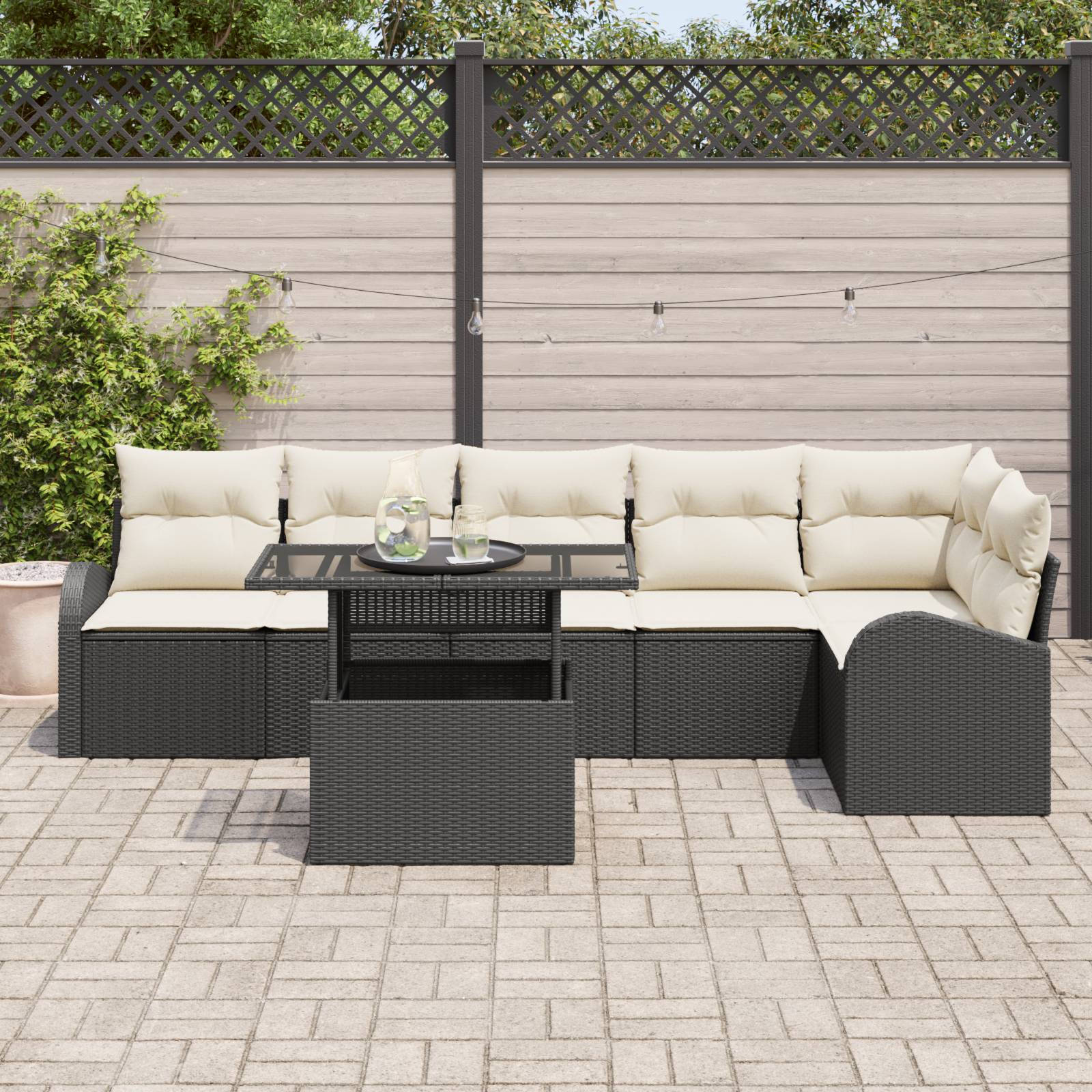 vidaXL 7-teiliges Garten Sofa Set mit Kissen Schwarz Poly Rattan
