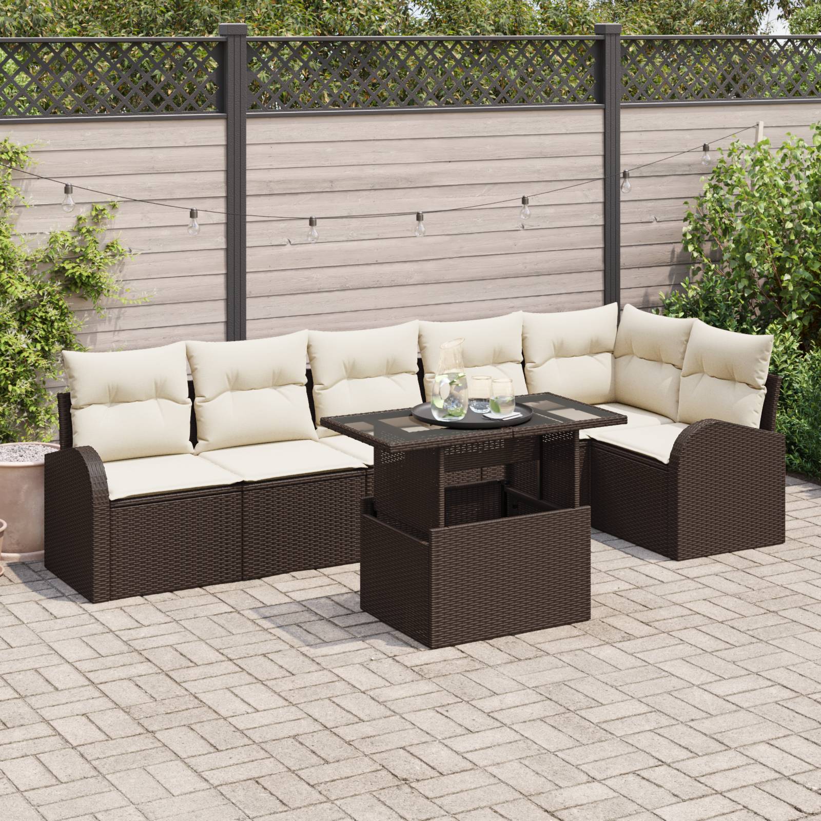 vidaXL 7-teiliges Garten-Sofa-Set mit Kissen Braun Poly Rattan
