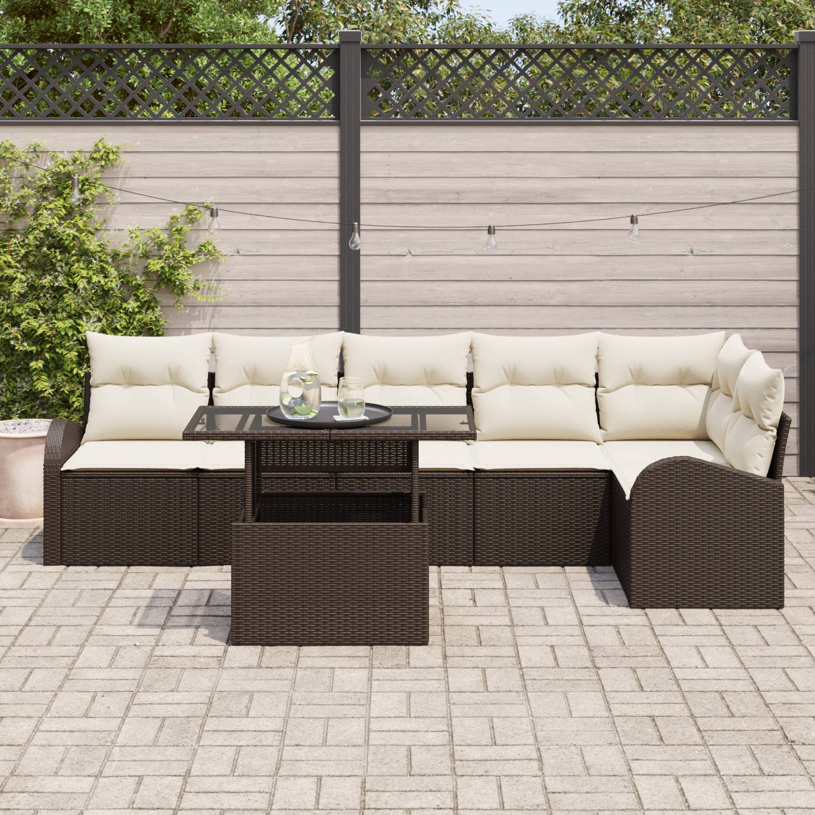 vidaXL 7-teiliges Garten-Sofa-Set mit Kissen Braun Poly Rattan