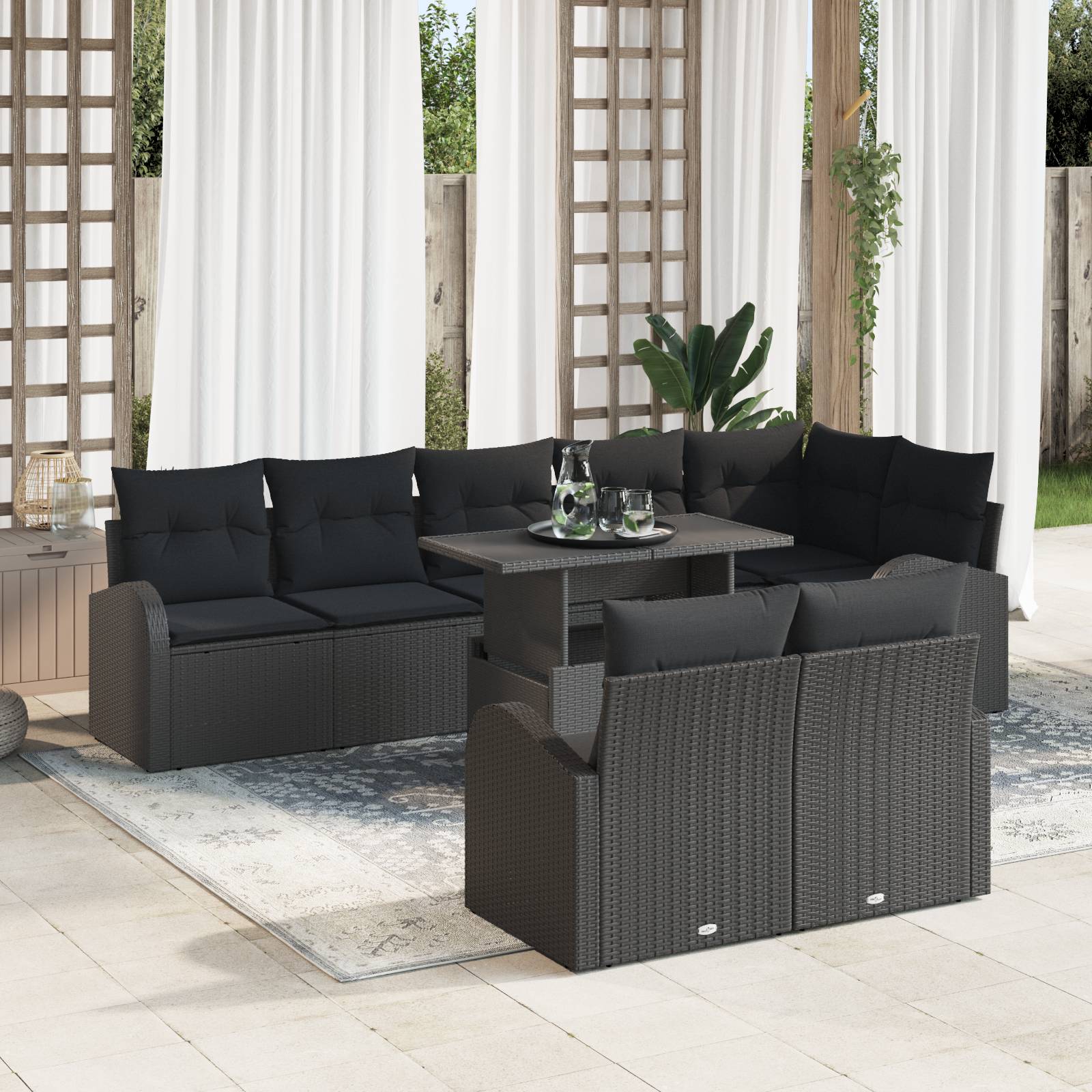 vidaXL 9-teiliges Garten Sofaset mit Kissen Schwarz Poly Rattan