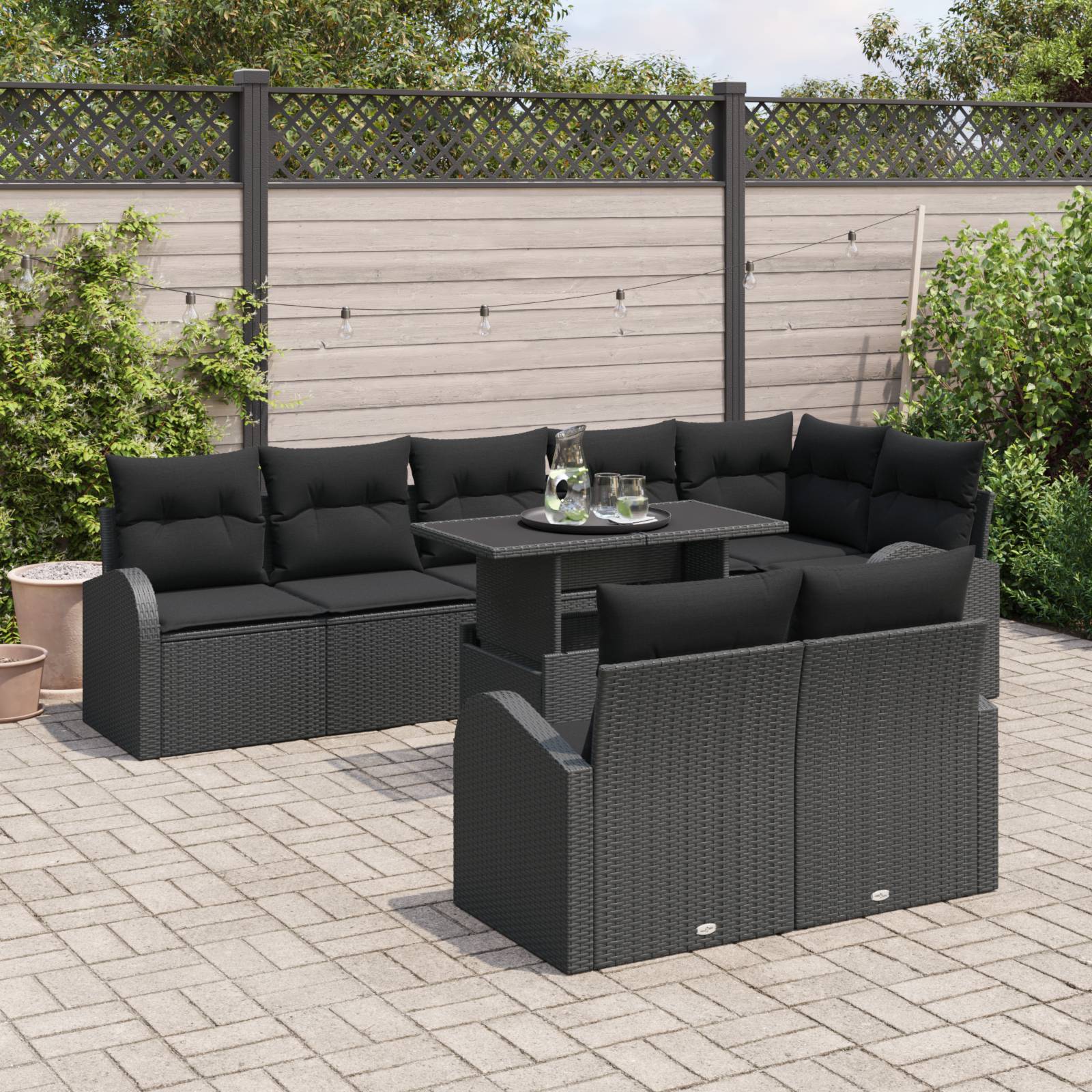 vidaXL 9-teiliges Garten Sofaset mit Kissen Schwarz Poly Rattan