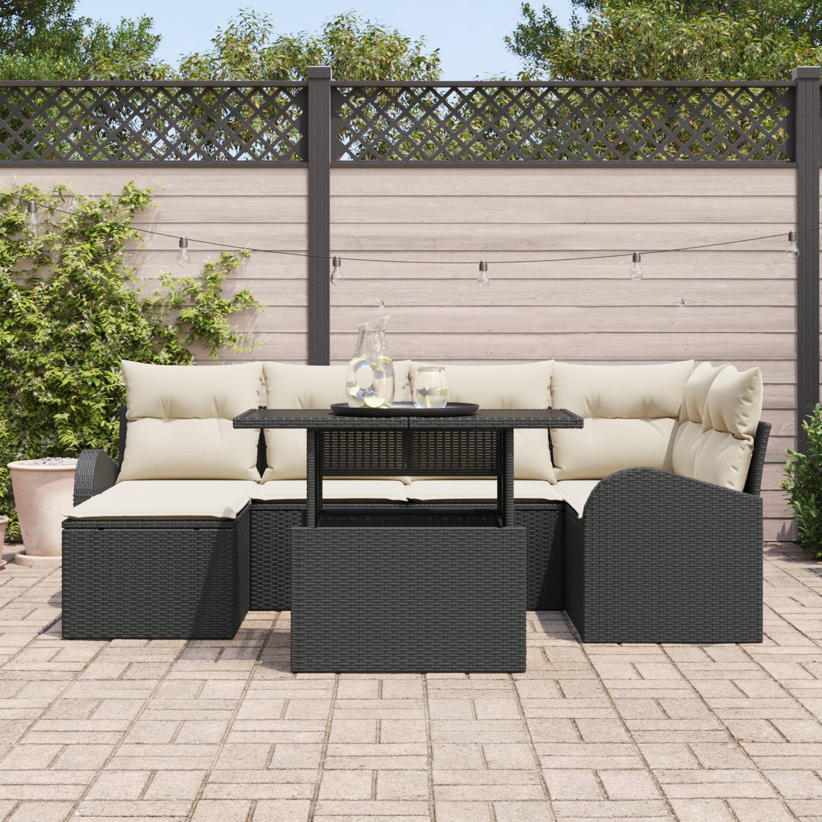 vidaXL 7-teiliges Garten Sofa Set mit Kissen Schwarzes Poly Rattan