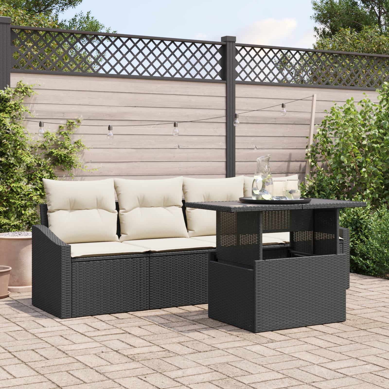 vidaXL 5-tlg. Garten-Sofagarnitur mit Kissen Schwarz Poly Rattan