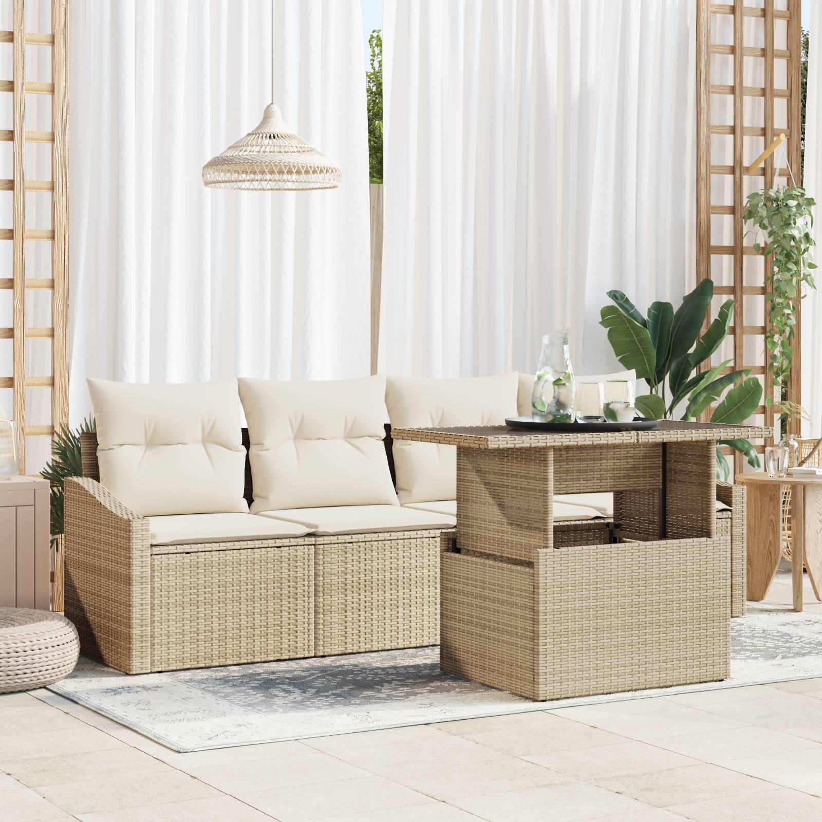 vidaXL 5-tlg. Garten-Sofagarnitur mit Kissen Beige Poly Rattan