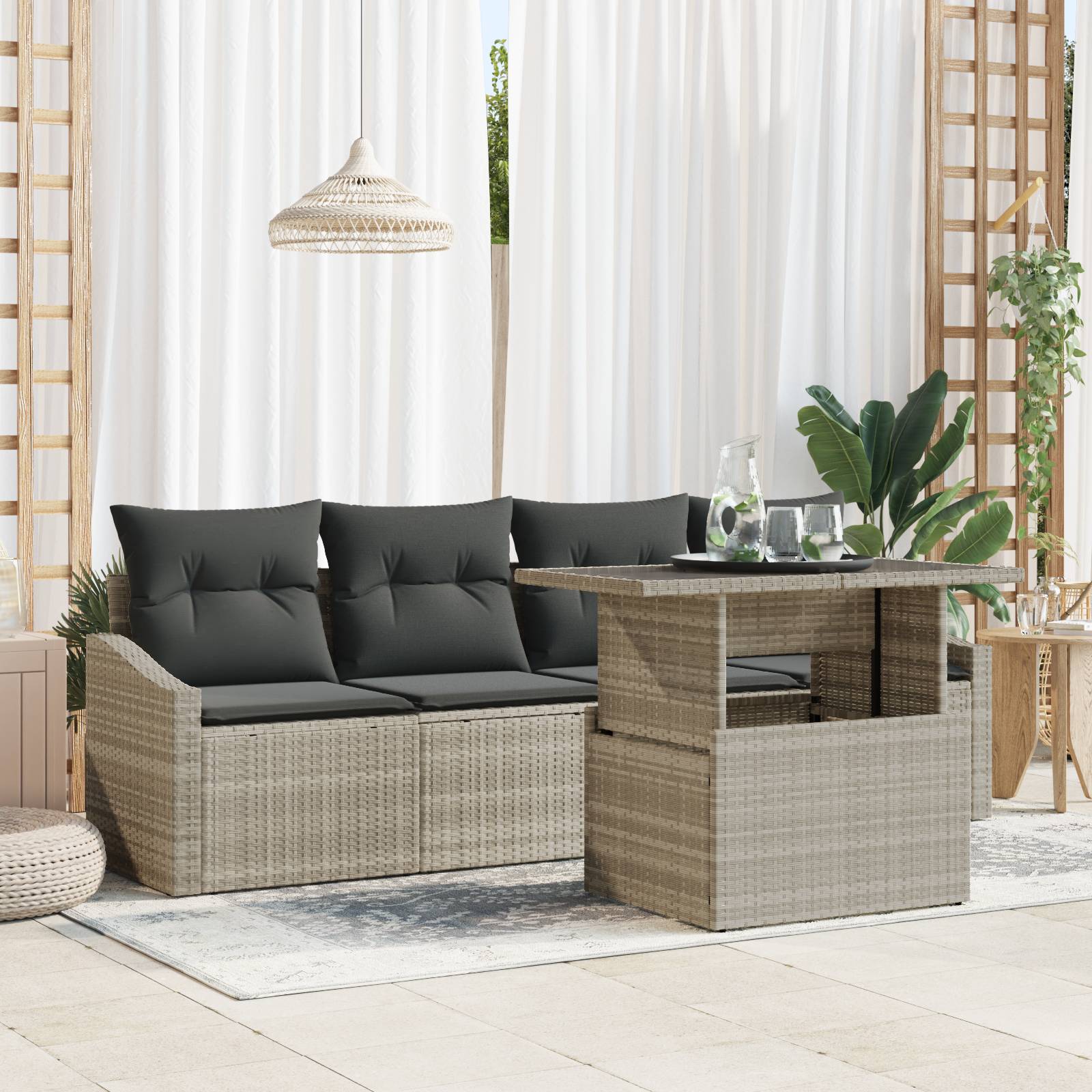vidaXL 5-tlg. Garten-Sofagarnitur mit Kissen Hellgrau Poly Rattan