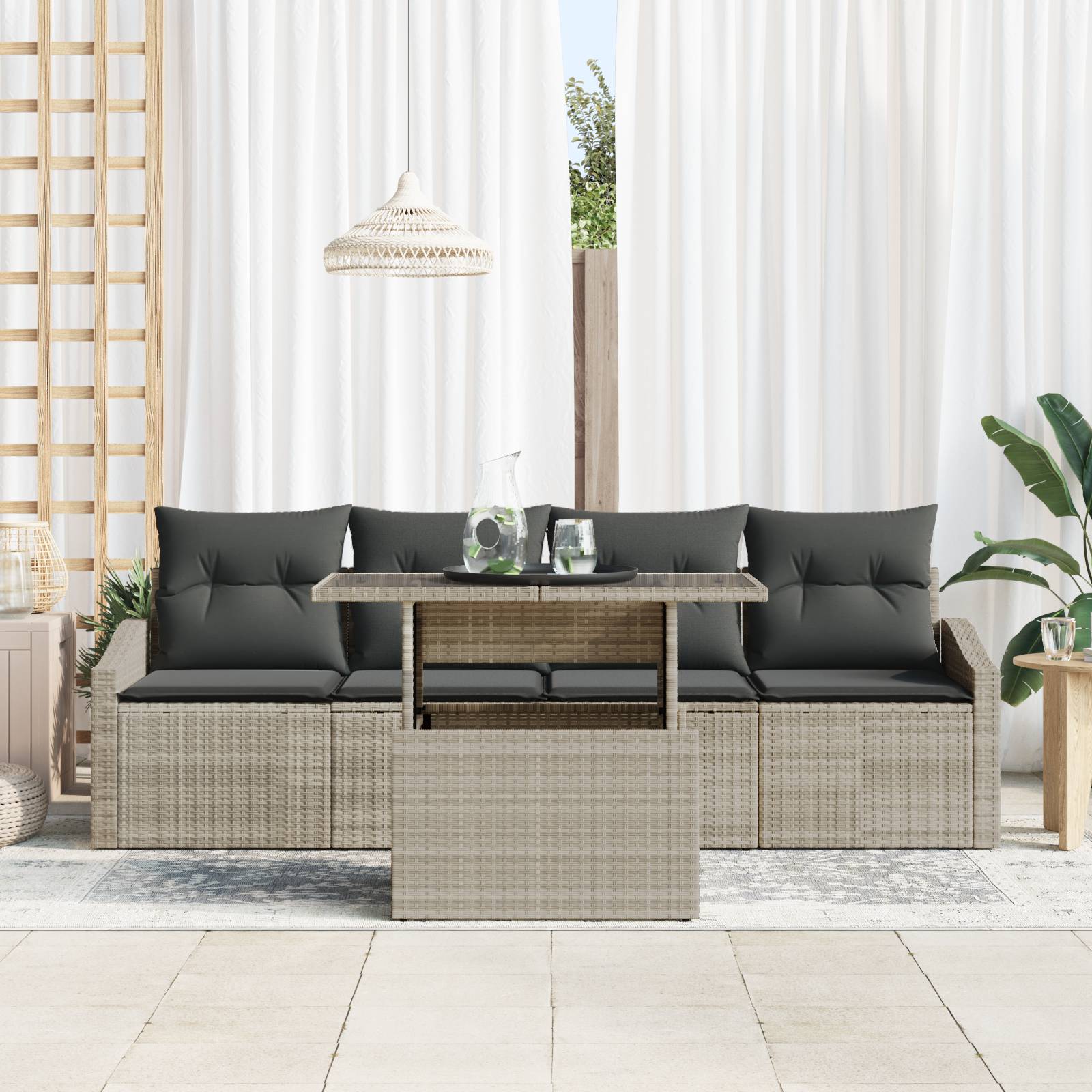 vidaXL 5-tlg. Garten-Sofagarnitur mit Kissen Hellgrau Poly Rattan