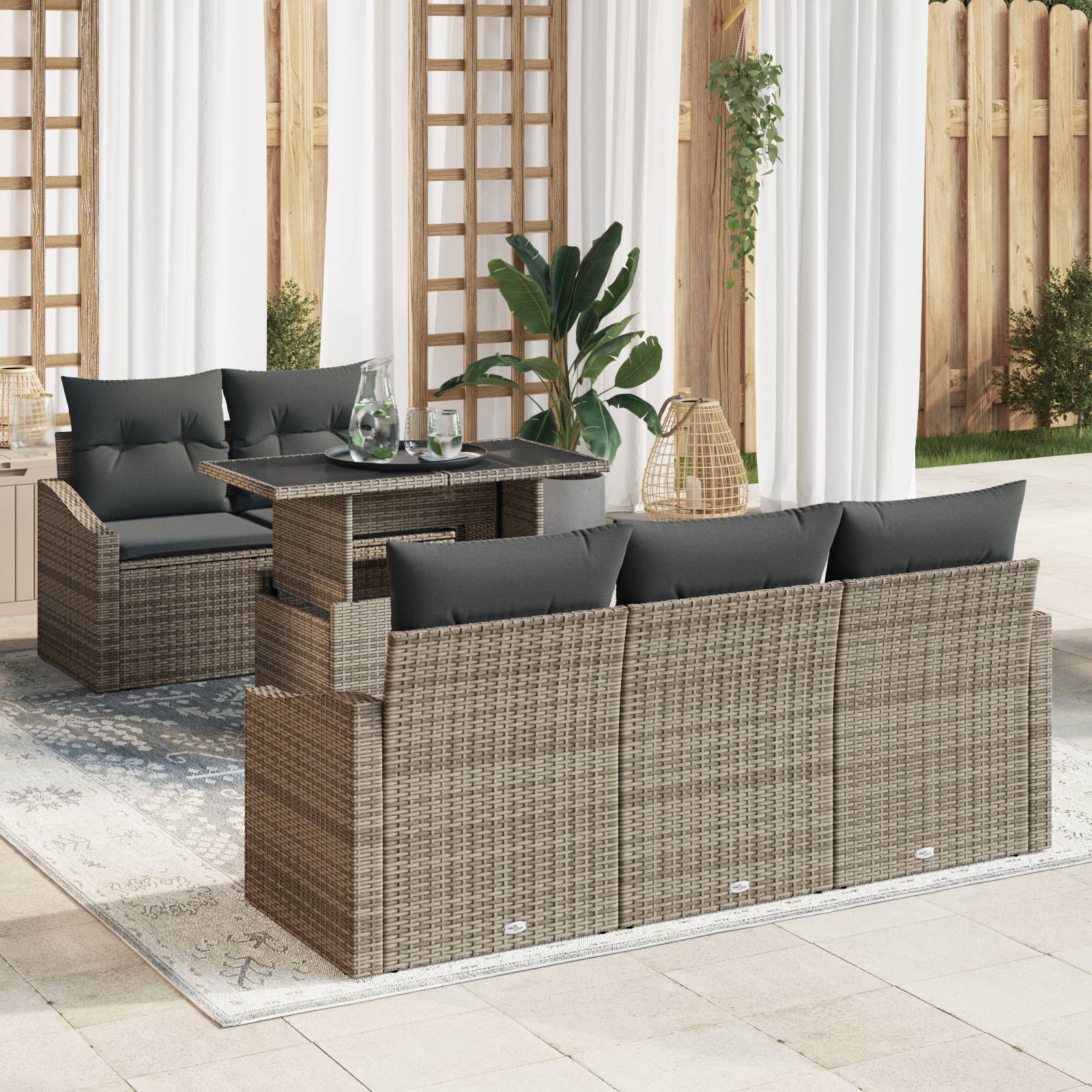 vidaXL 6-teiliges Garten-Sofaset mit Kissen - Graues Poly-Rattan