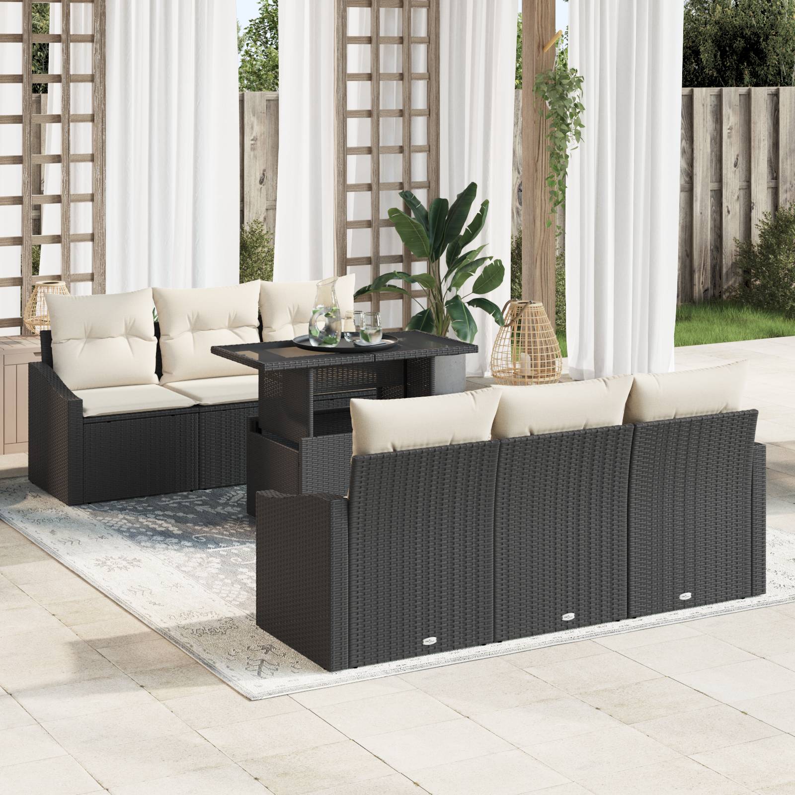 vidaXL 7-tlg. Garten-Sofagarnitur mit Kissen Schwarz Poly Rattan