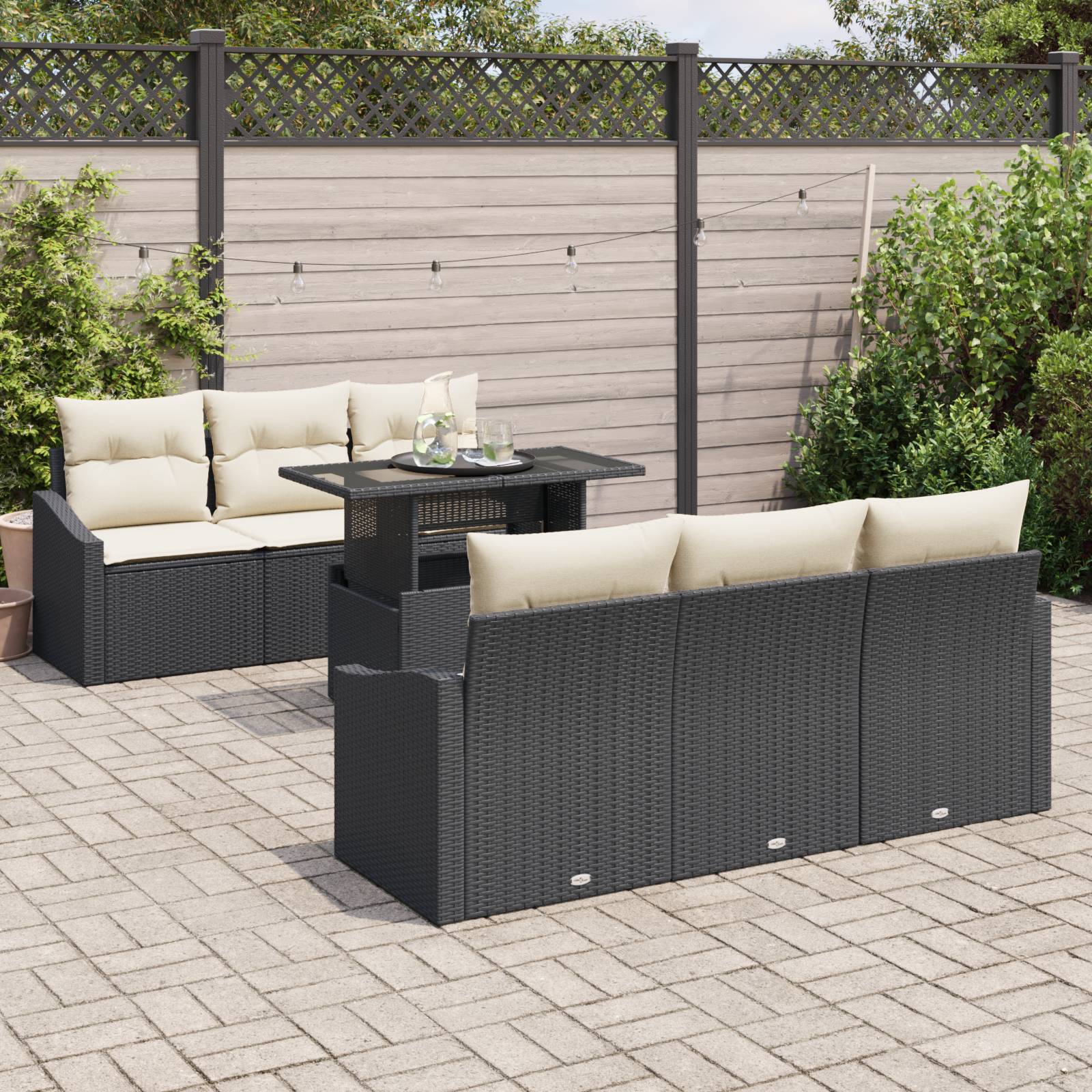 vidaXL 7-tlg. Garten-Sofagarnitur mit Kissen Schwarz Poly Rattan