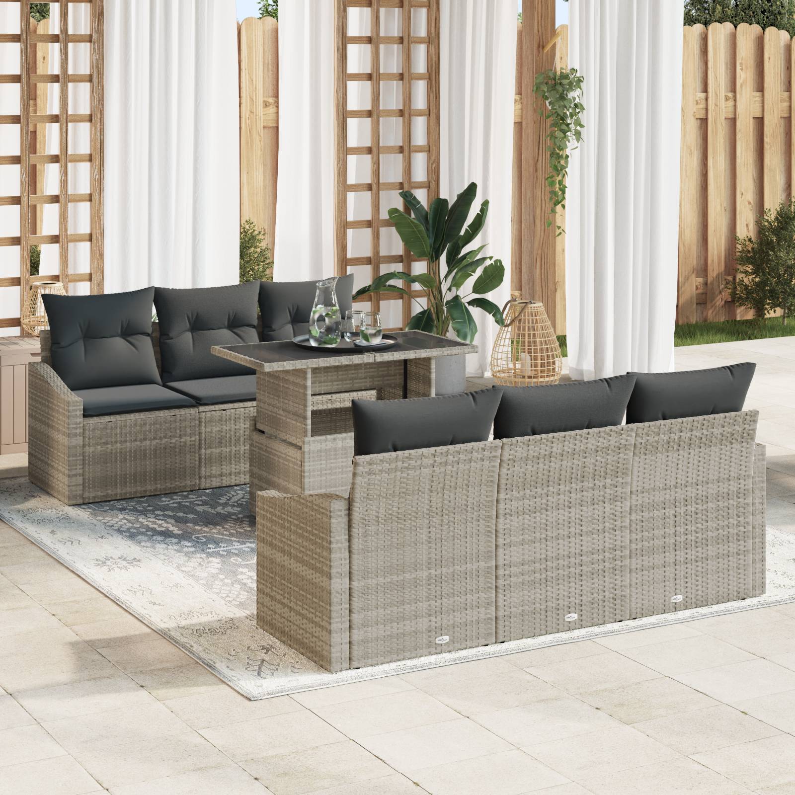 vidaXL 7-tlg. Garten-Sofagarnitur mit Kissen Hellgrau Poly Rattan
