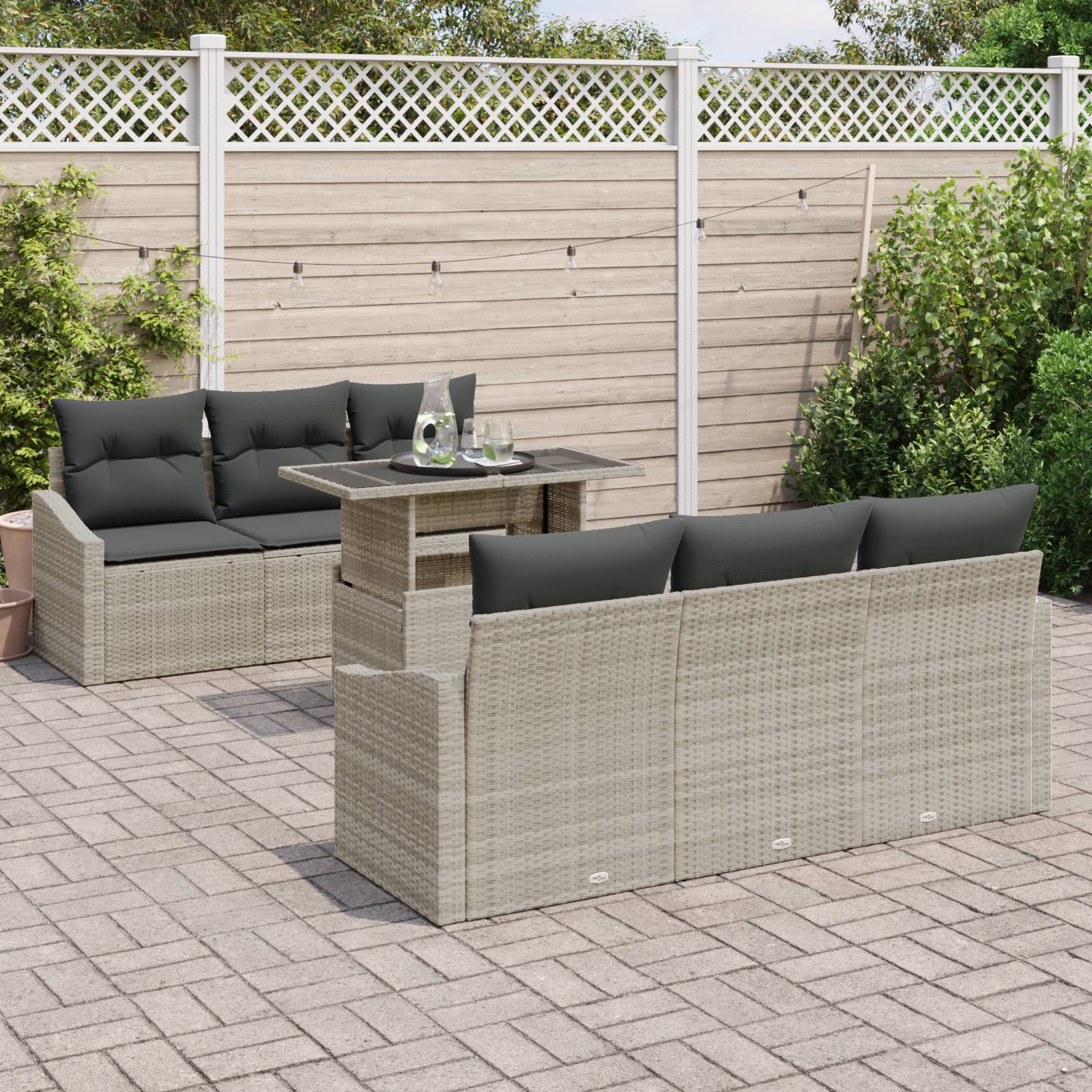 vidaXL 7-tlg. Garten-Sofagarnitur mit Kissen Hellgrau Poly Rattan