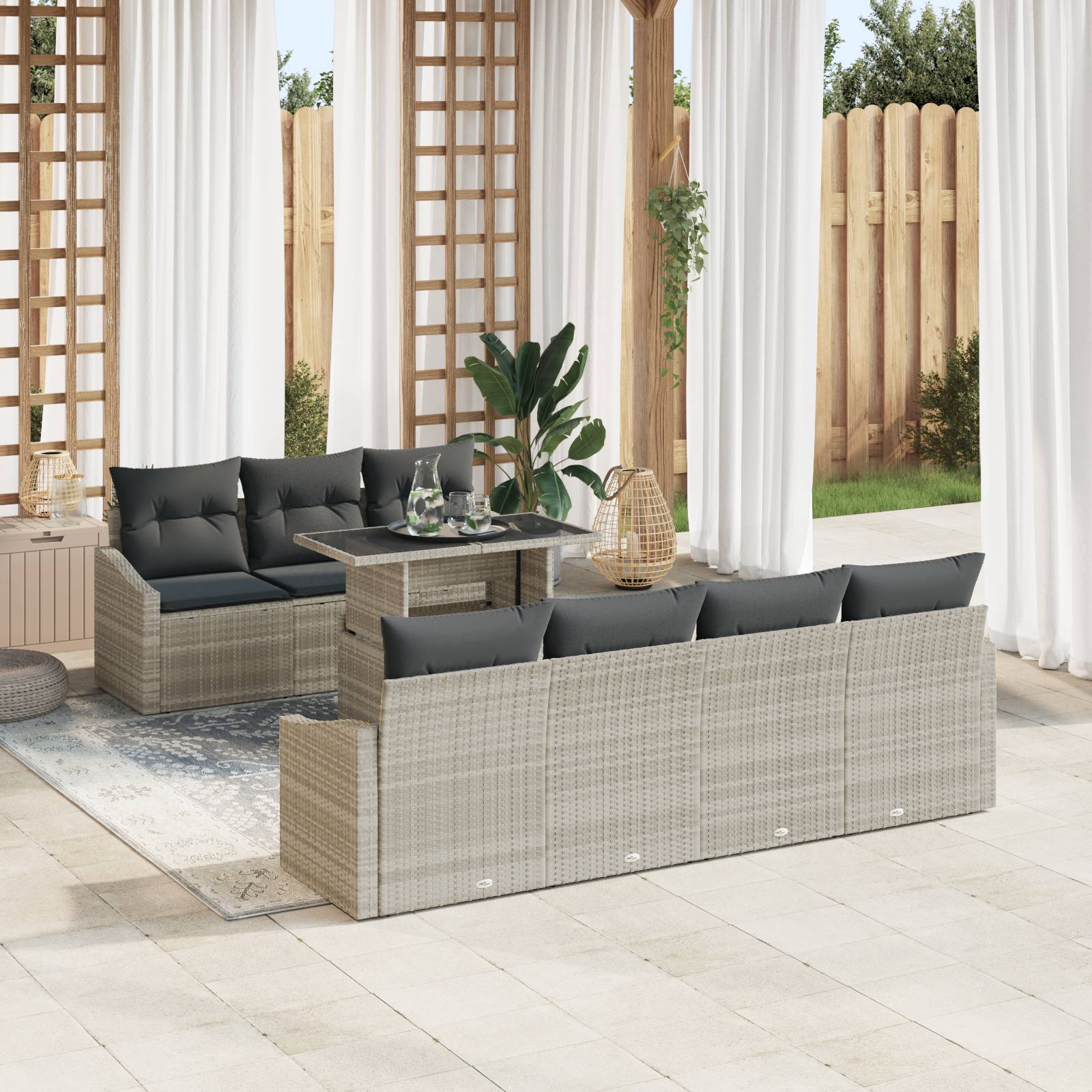 vidaXL 8-tlg. Garten-Sofagarnitur mit Kissen Hellgrau Poly Rattan