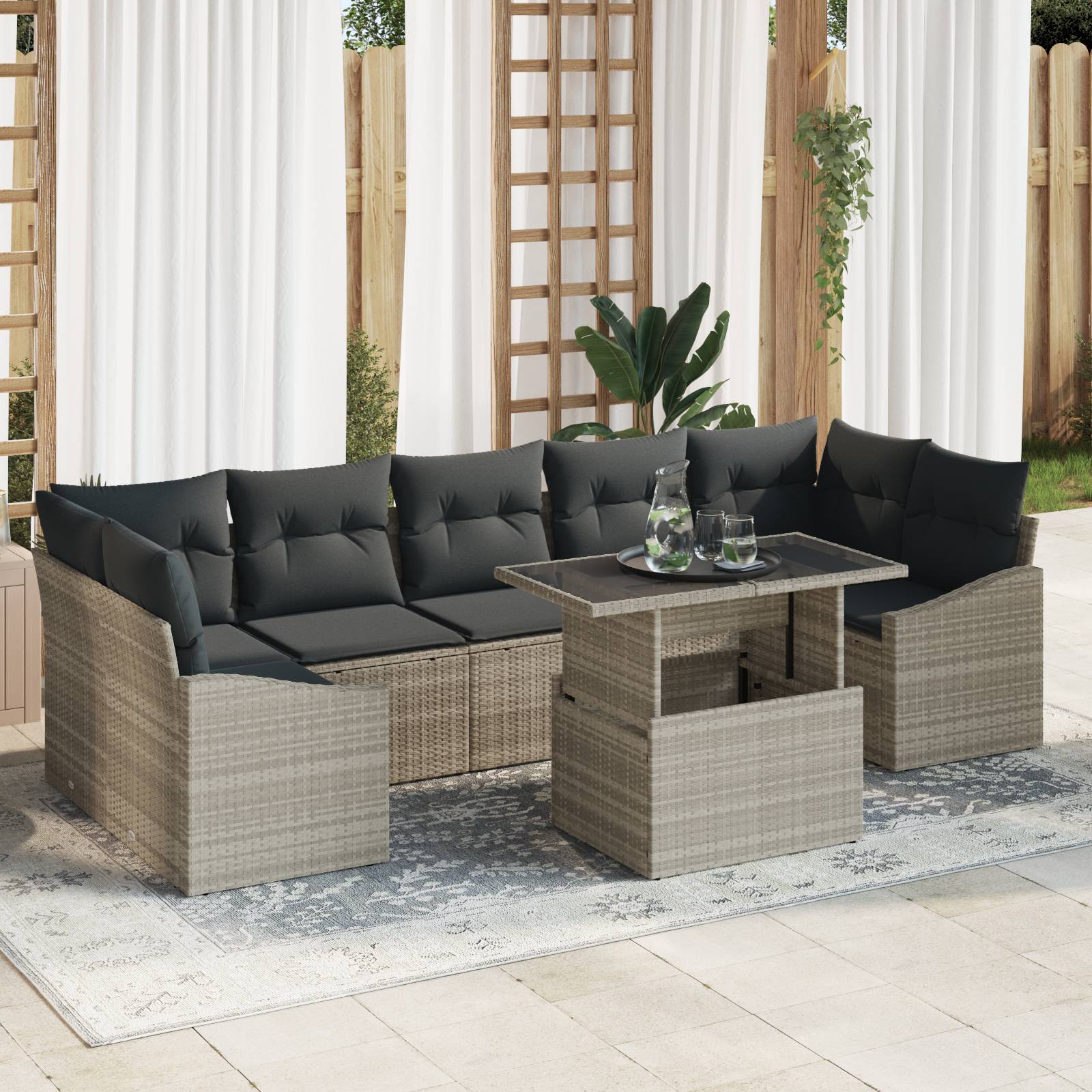 vidaXL 8-tlg. Garten-Sofagarnitur mit Kissen Hellgrau Poly Rattan