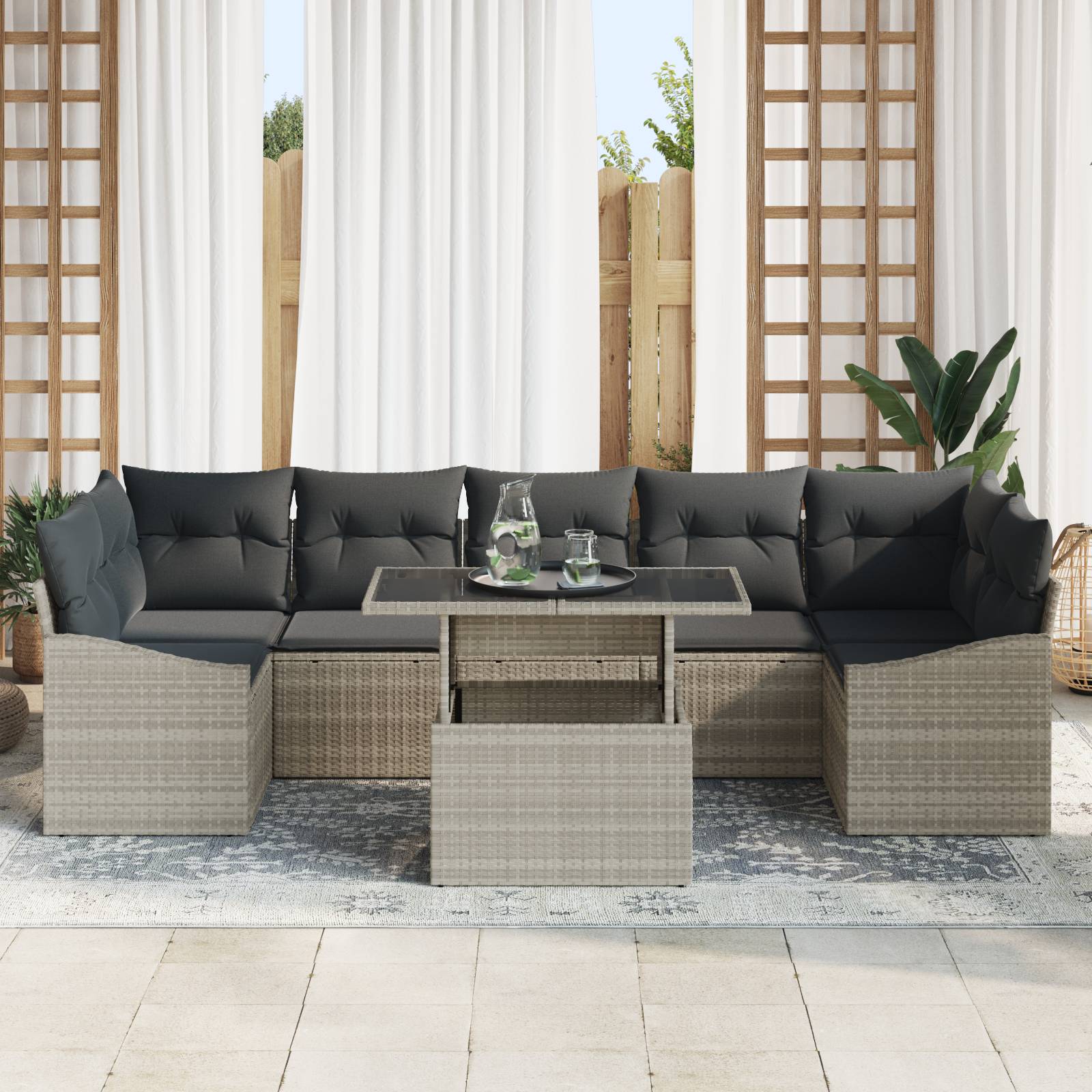 vidaXL 8-tlg. Garten-Sofagarnitur mit Kissen Hellgrau Poly Rattan