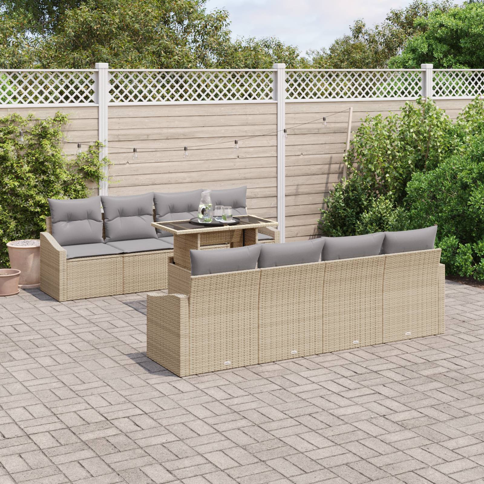 vidaXL 9-tlg. Garten-Sofagarnitur mit Kissen Beige Poly Rattan