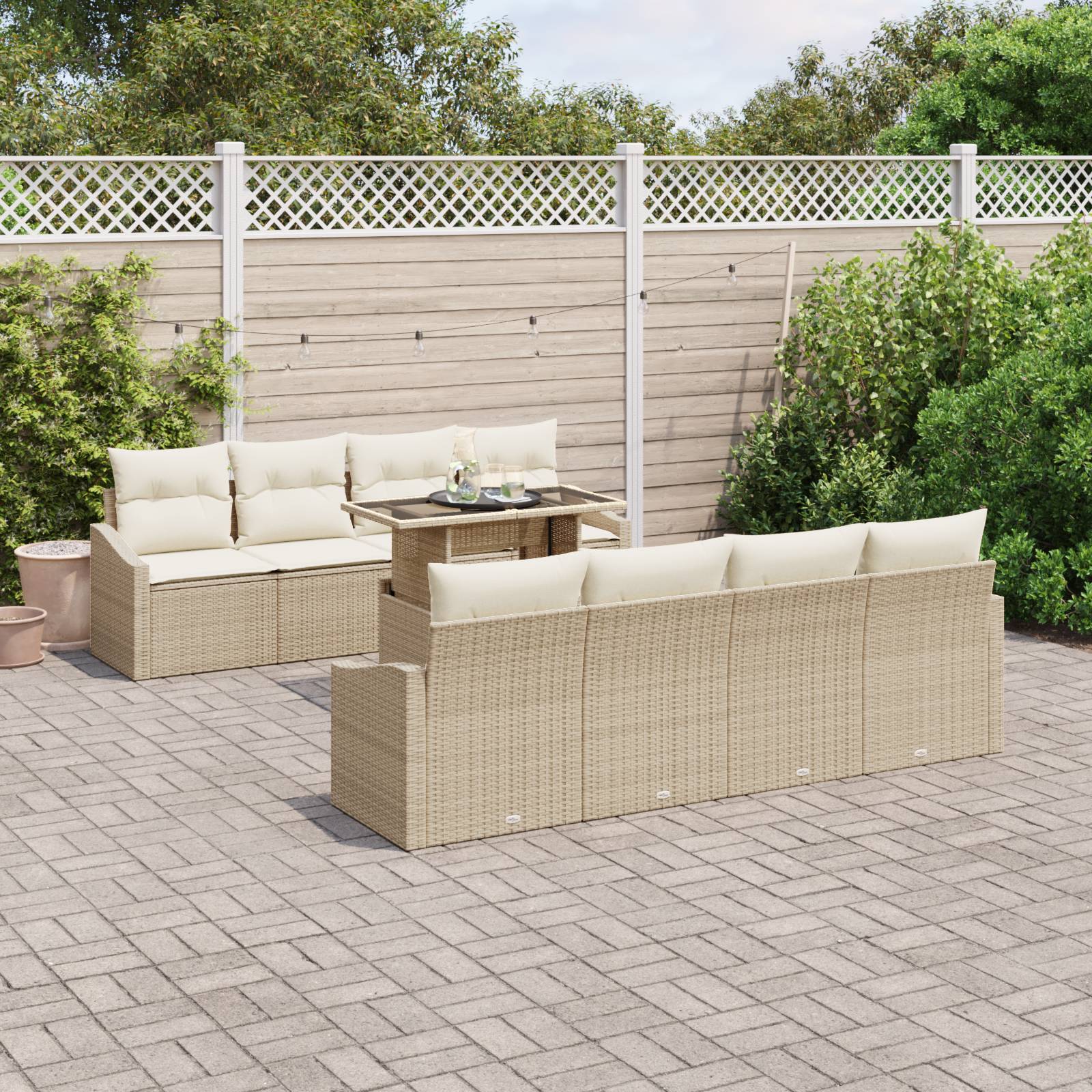 vidaXL 9-tlg. Garten-Sofagarnitur mit Kissen Beige Poly Rattan