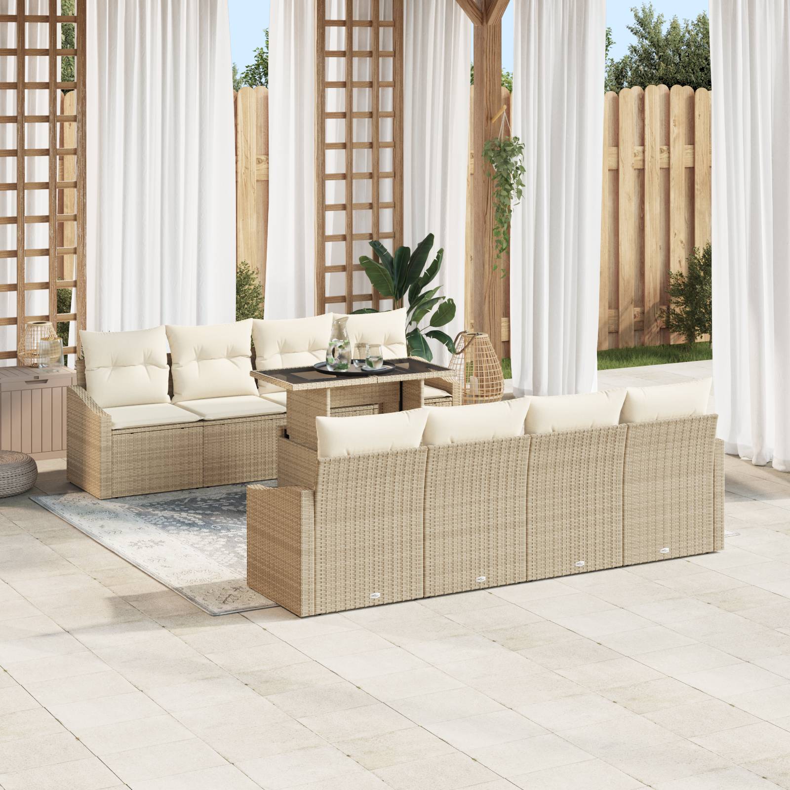 vidaXL 9-tlg. Garten-Sofagarnitur mit Kissen Beige Poly Rattan