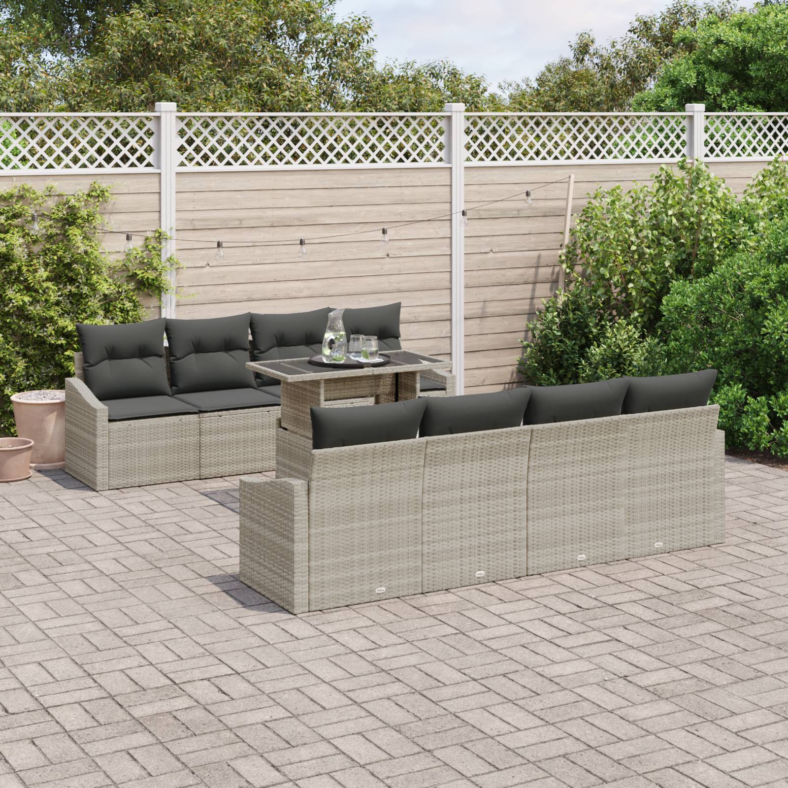 vidaXL 7-tlg. Garten-Sofagarnitur mit Kissen Hellgrau Poly Rattan