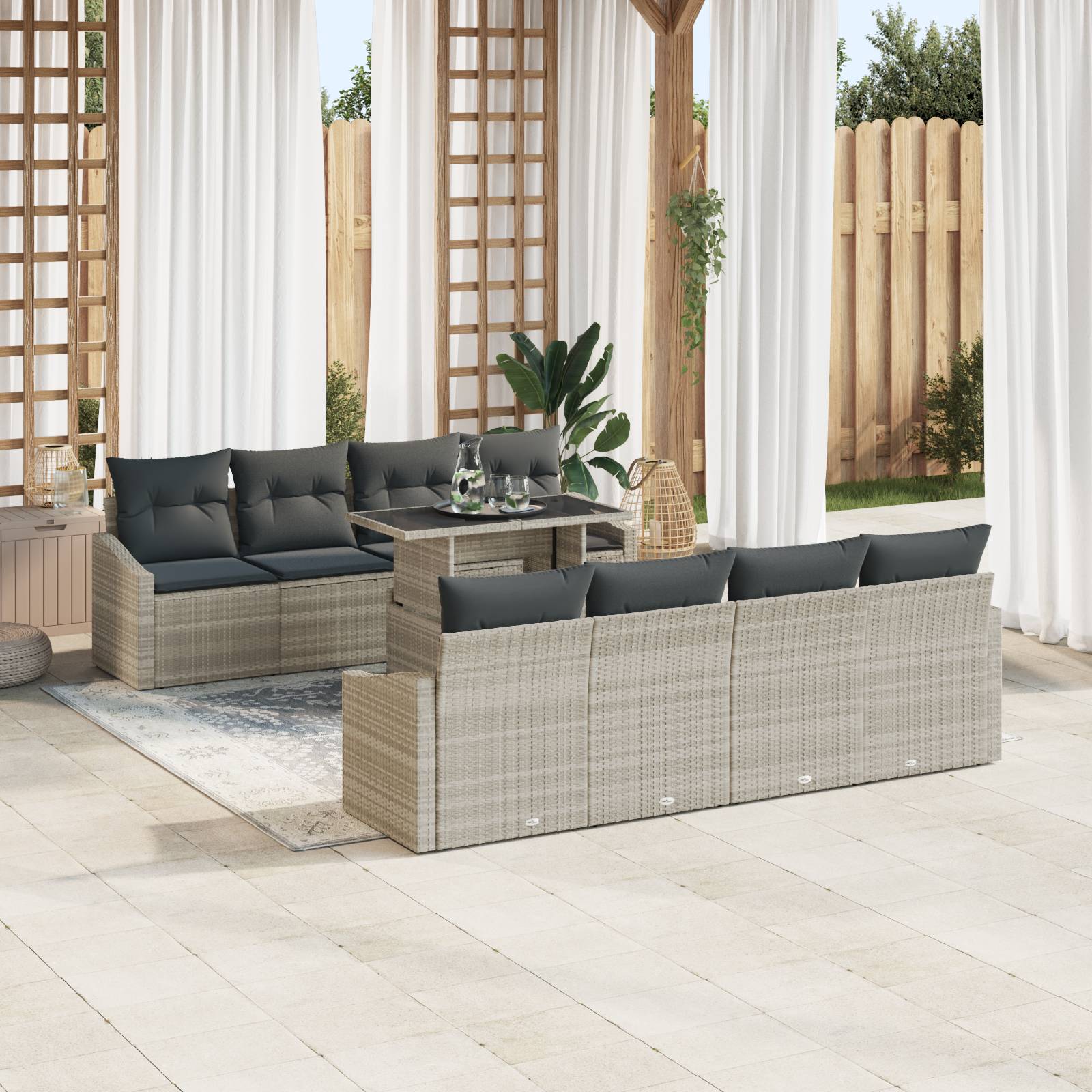 vidaXL 7-tlg. Garten-Sofagarnitur mit Kissen Hellgrau Poly Rattan