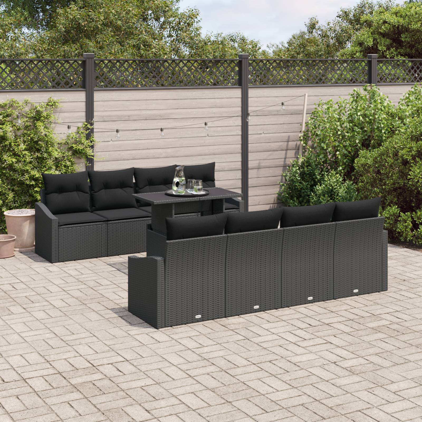vidaXL 9-tlg. Garten-Sofagarnitur mit Kissen Schwarz Poly Rattan