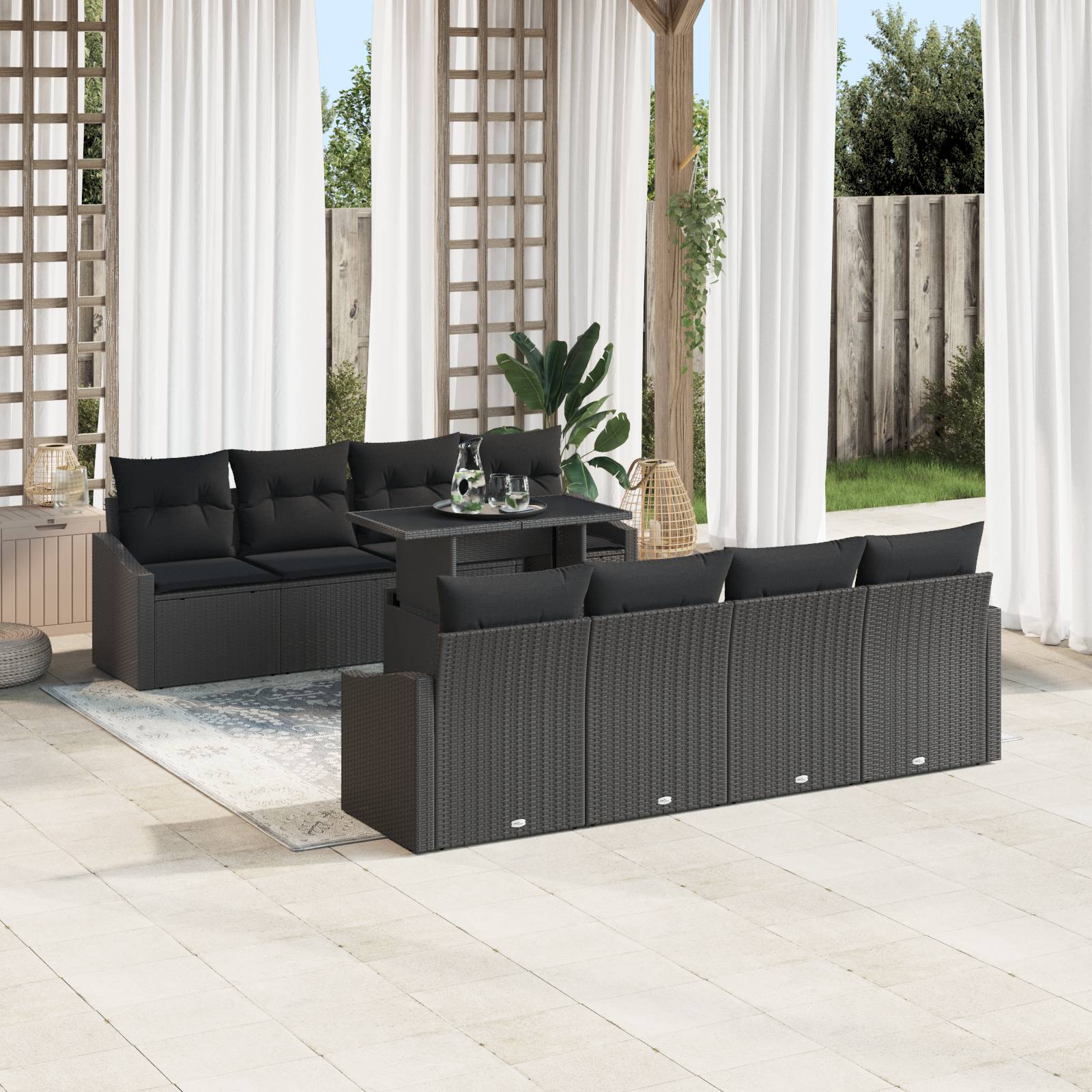 vidaXL 9-tlg. Garten-Sofagarnitur mit Kissen Schwarz Poly Rattan