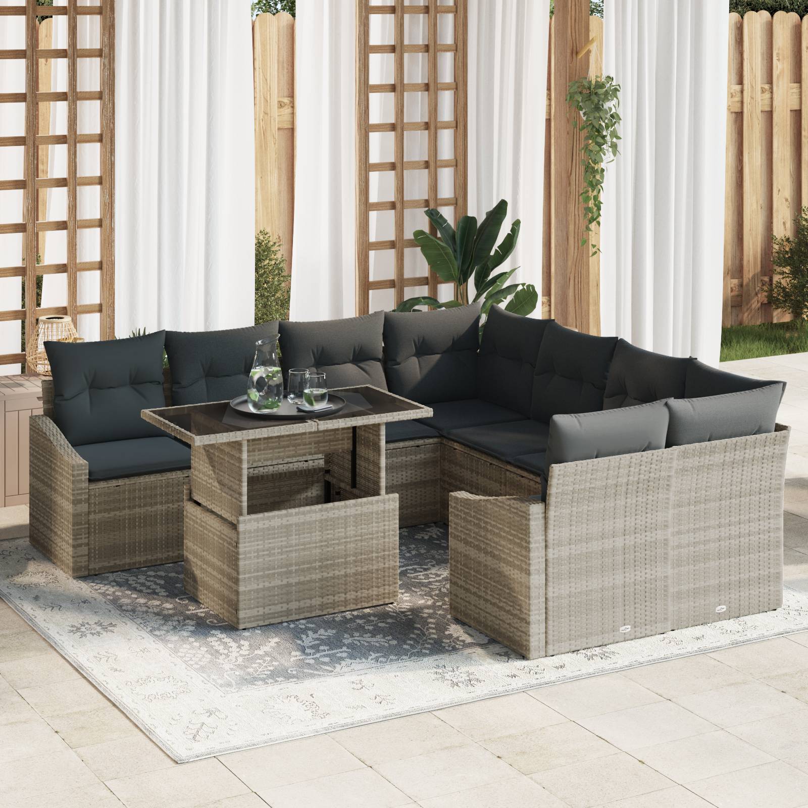 vidaXL 9-tlg. Garten-Sofagarnitur mit Kissen Hellgrau Poly Rattan