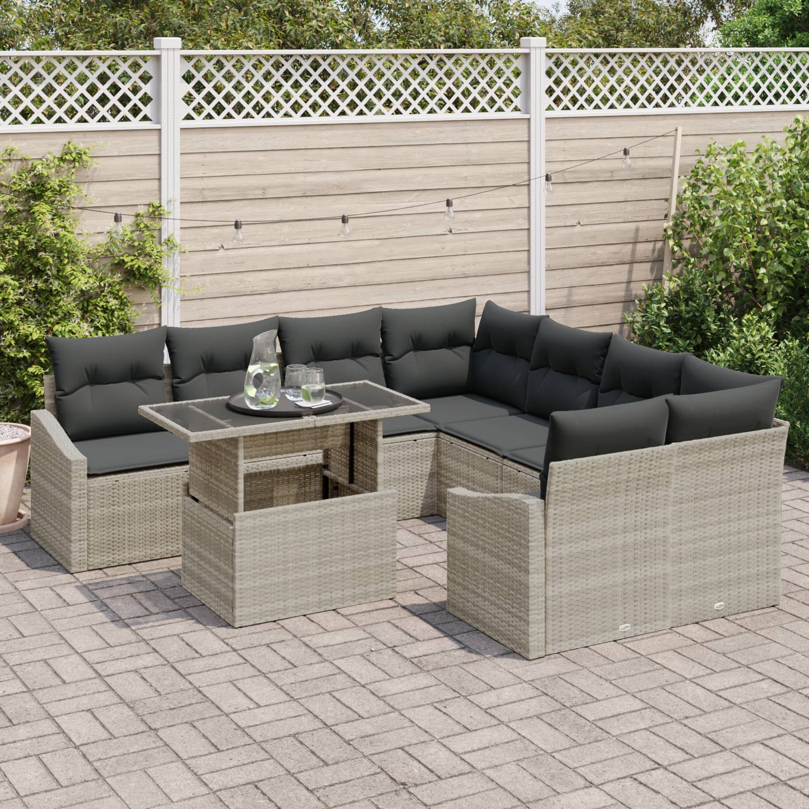 vidaXL 9-tlg. Garten-Sofagarnitur mit Kissen Hellgrau Poly Rattan