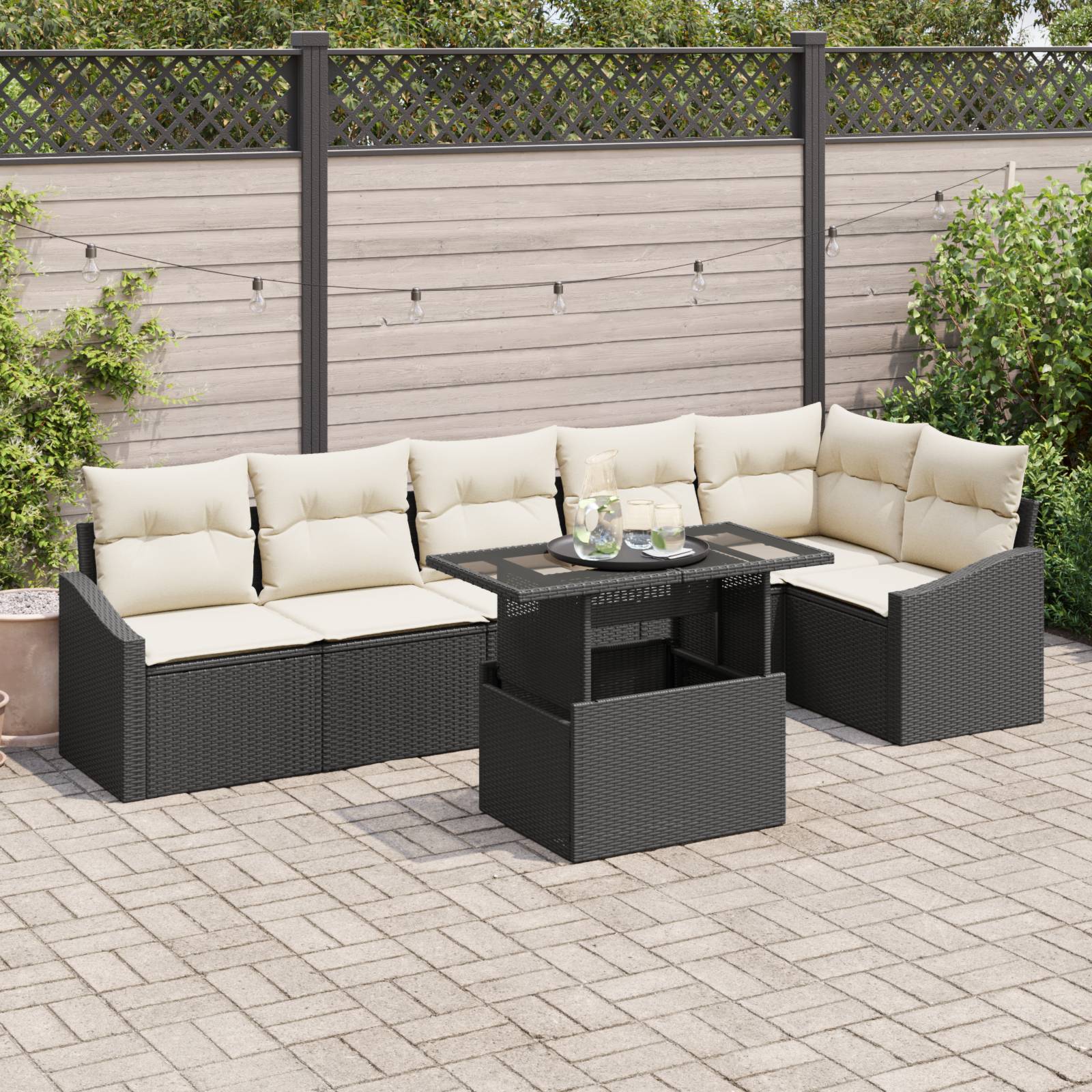 vidaXL 7-tlg. Garten-Sofagarnitur mit Kissen Schwarz Poly Rattan