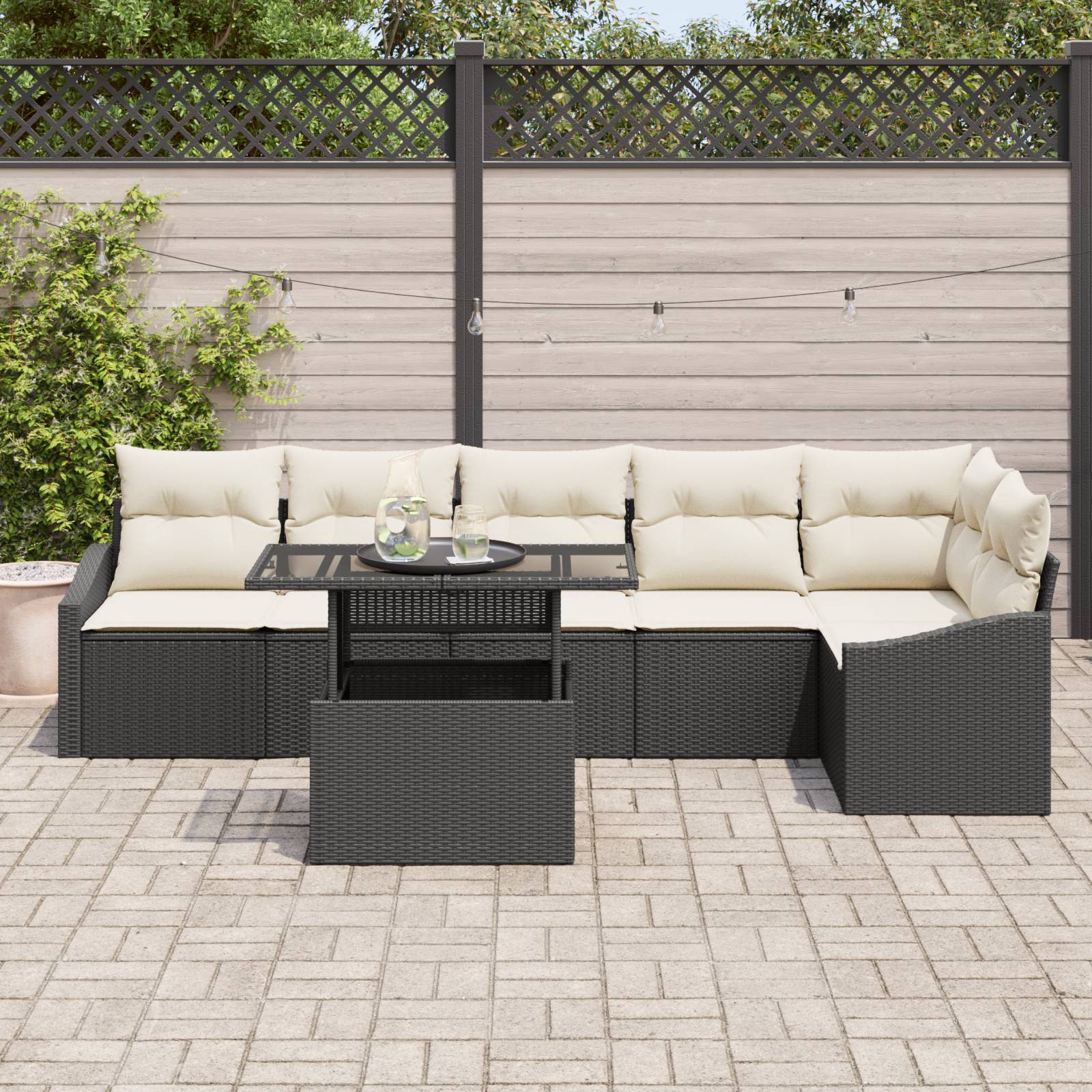 vidaXL 7-tlg. Garten-Sofagarnitur mit Kissen Schwarz Poly Rattan